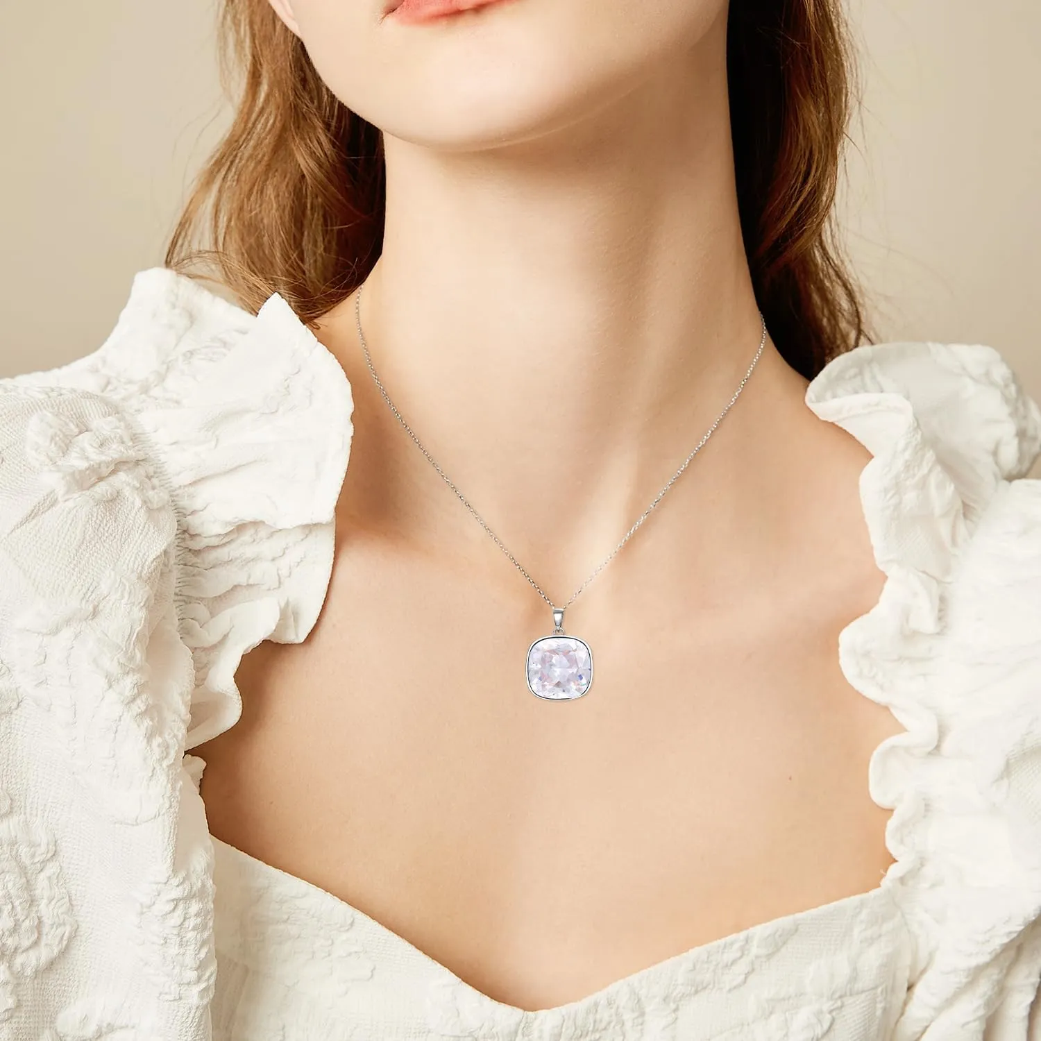 AOBOCO Cushion Cut Square Crystal Necklace Embellished with Crystals from Austria, Hypoallergenic Sterling Silver Pendant Necklace, Fine Anniversary Birthday Jewelry Gifts for Women