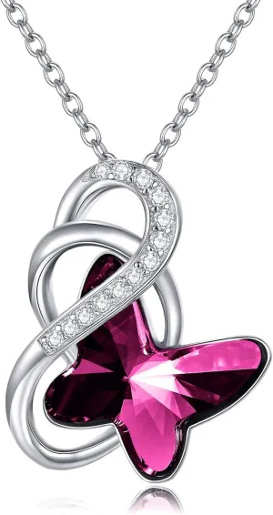 AOBOCO Sterling Silver Infinity Butterfly Pendant Necklace Embellished with Crystals from Austria, Anniversary or Birthday Gift for Butterfly Lovers, Fine Jewelry for Women