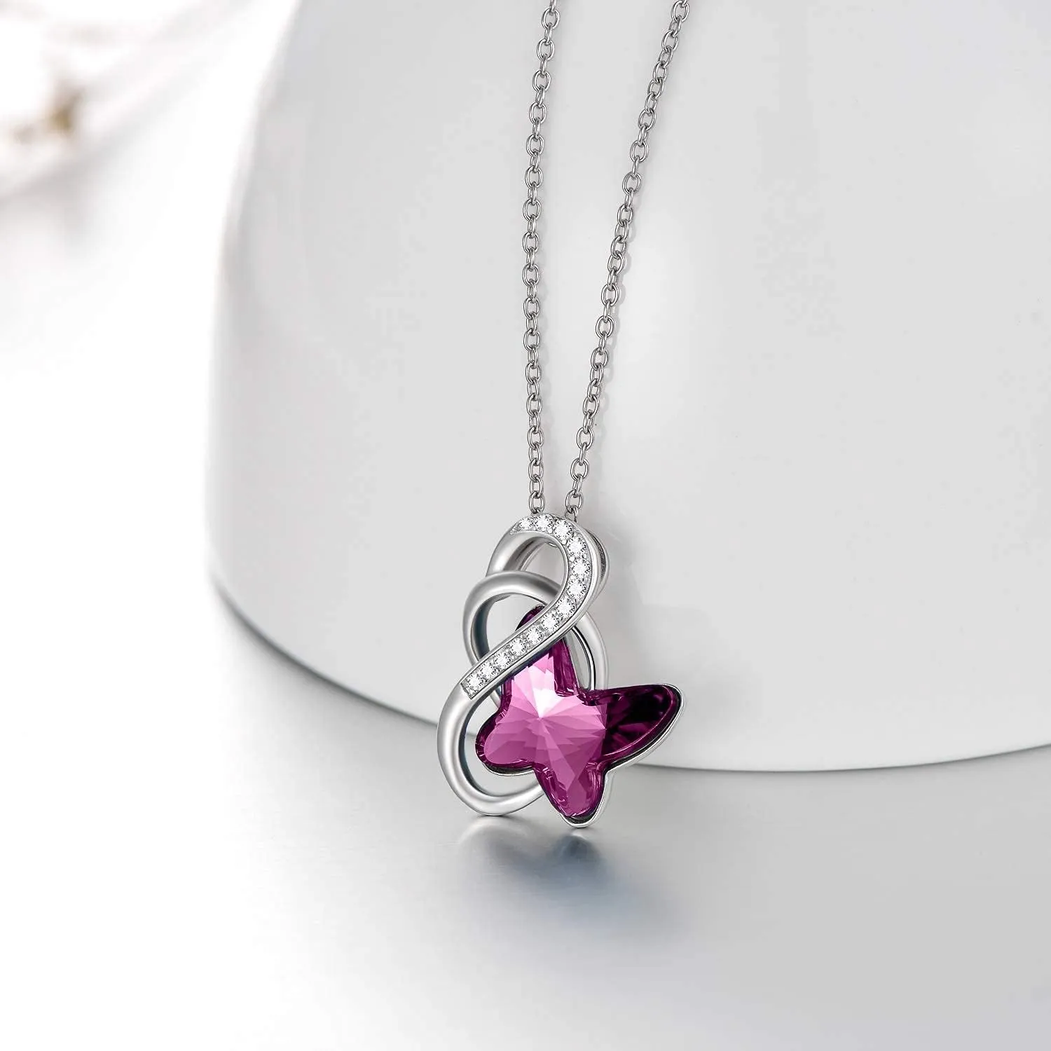 AOBOCO Sterling Silver Infinity Butterfly Pendant Necklace Embellished with Crystals from Austria, Anniversary or Birthday Gift for Butterfly Lovers, Fine Jewelry for Women
