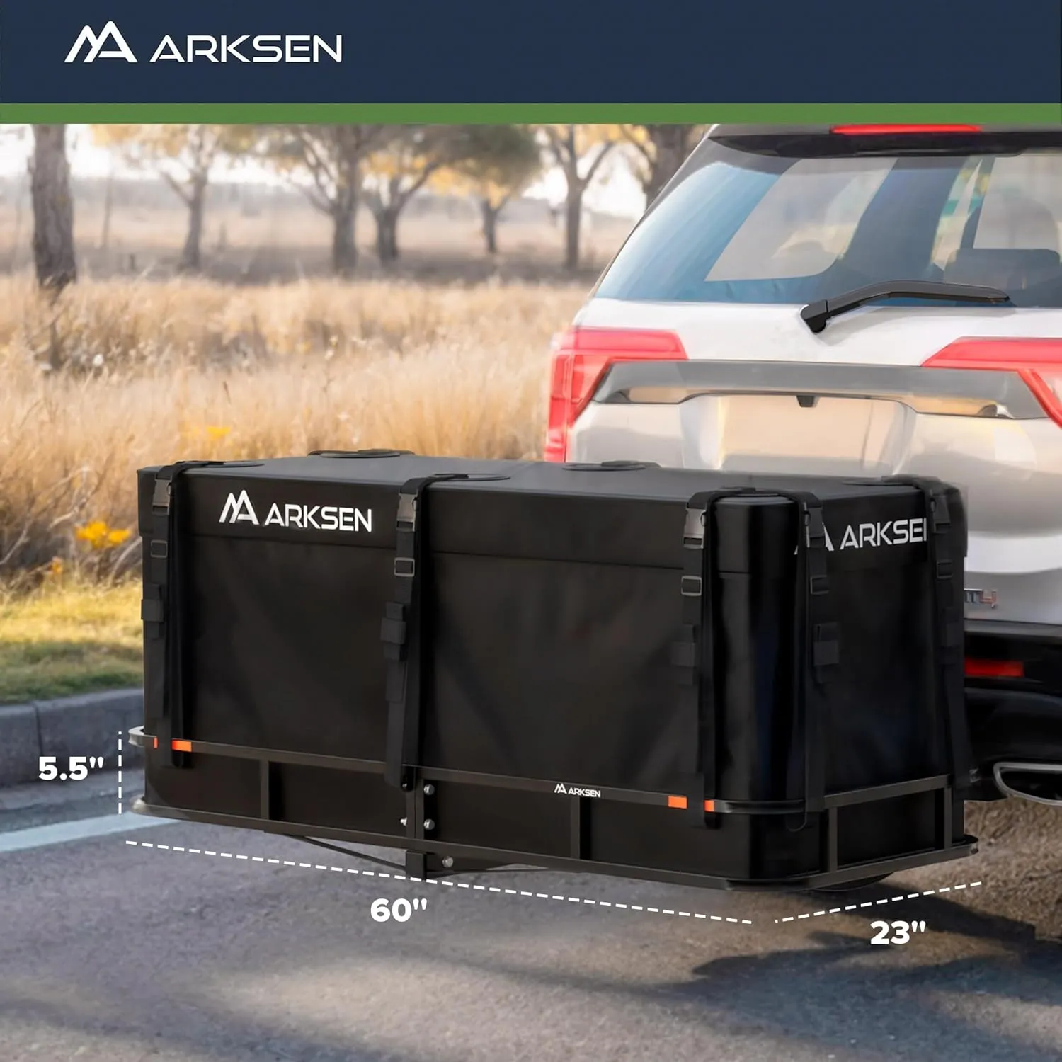 ARKSEN 60 x 23 x 5.5 Inch Folding Hitch Cargo Carrier with 500D PVC Waterproof Cargo Bag & Net, 500 Lbs Capacity Heavy Duty 2 Inch Receiver Luggage Basket for SUV, Pickup Truck, Camping & Travel