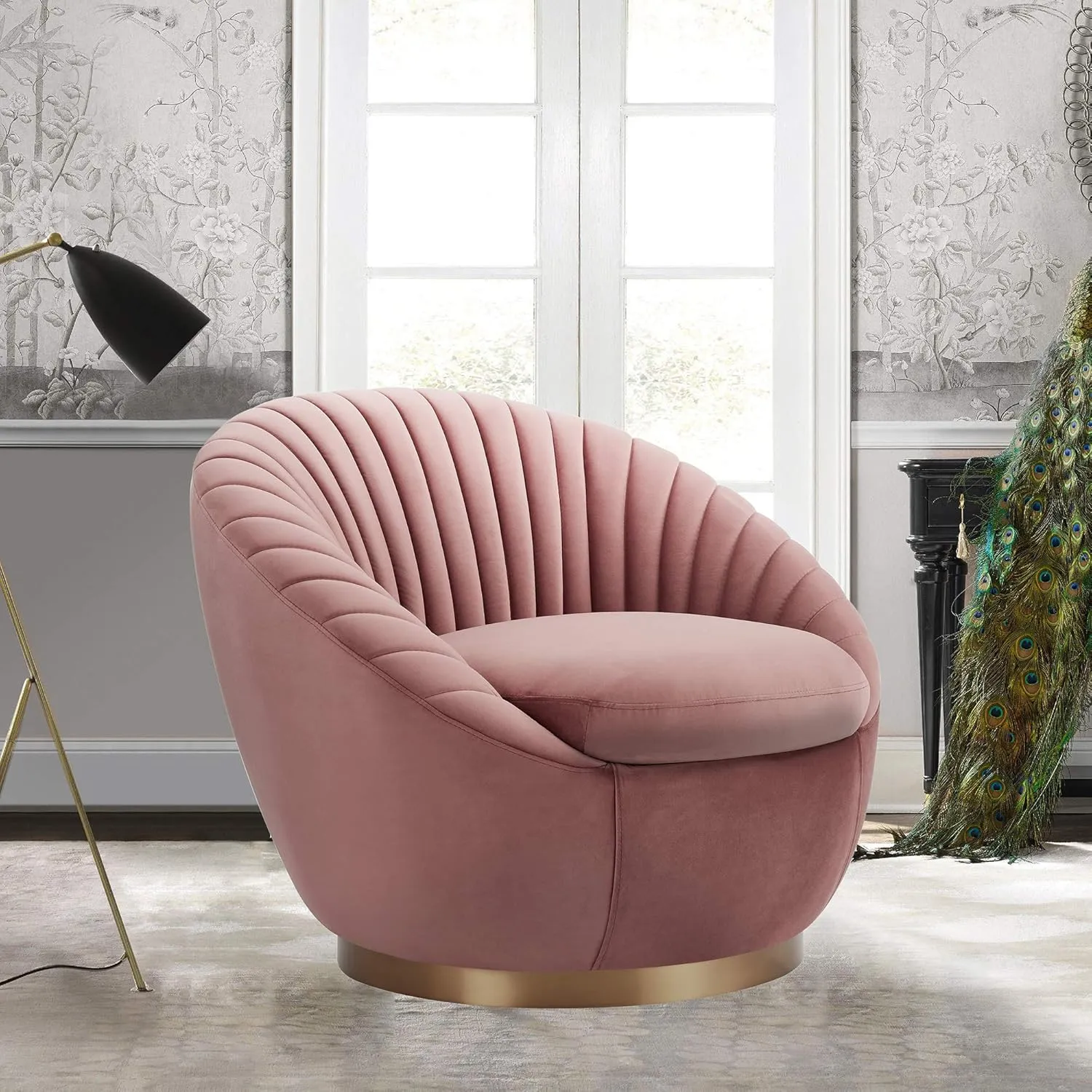 Armen Living Mitzy Blush Velvet Swivel Accent Chair with Gold Base, 30" H
