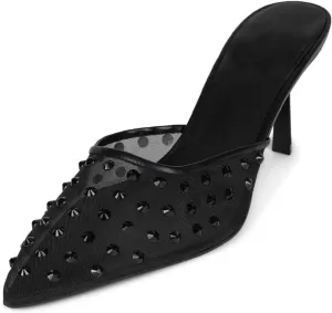Arqa Crystal Embellished Mesh Heeled Mule for Women Pointed Toe Stiletto Heel Slide Sandals