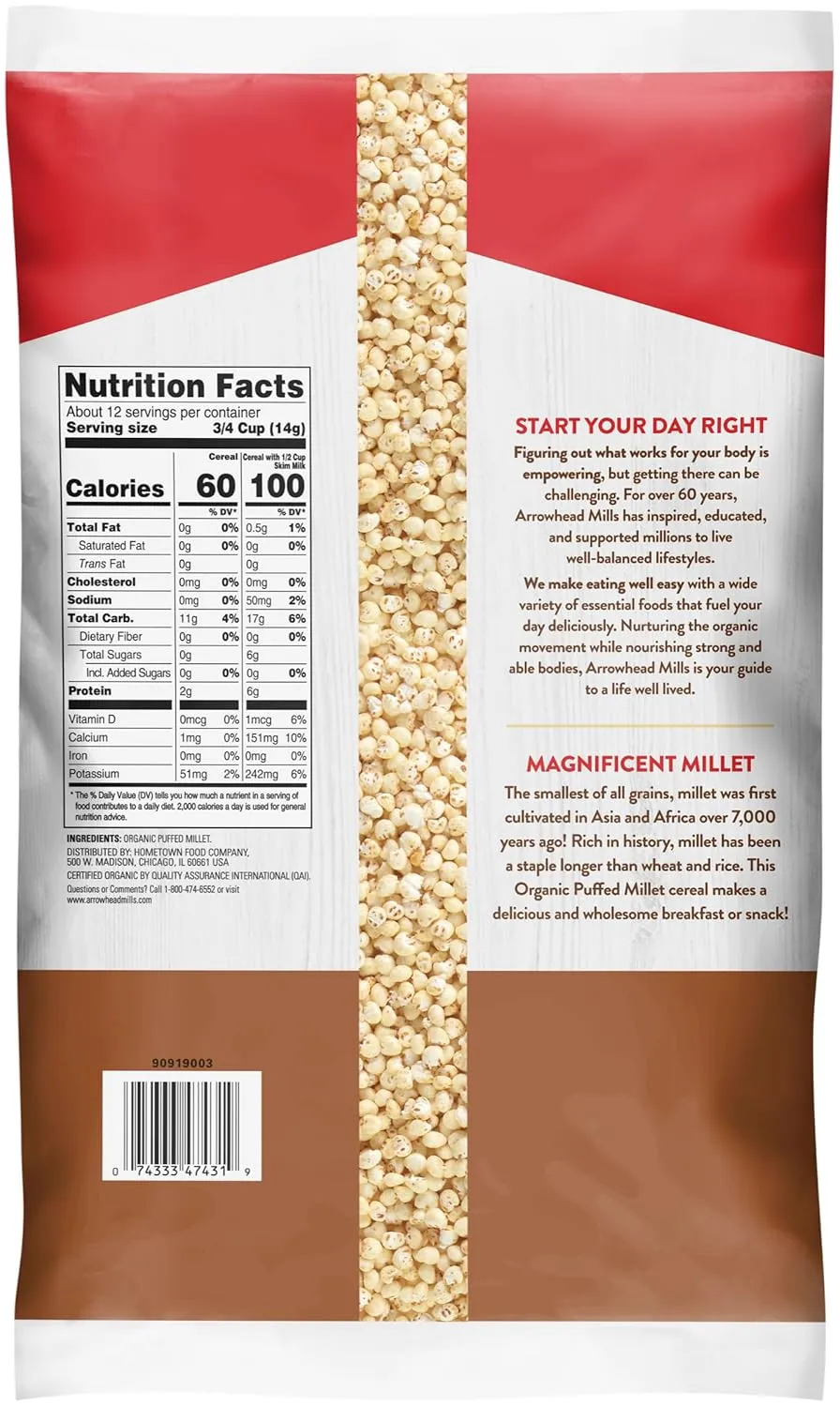 Arrowhead Mills Puffed Millet Cereal, 6 oz Bag (Pack of 2)