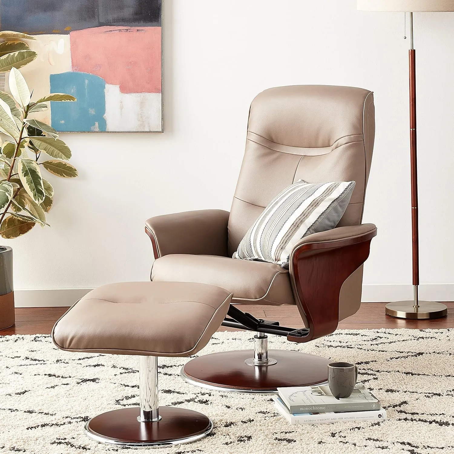 Artiva USA Milano Modern Bendwood Brown Leather Swivel Recliner with Ottoman, Latte