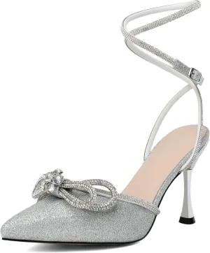 AUMOTED Women Stiletto High Heels Rhinestone Bow Heels Sparkly Wedding Closed Pointed Toe Sexy Satin Crystal Ankle Strap Pumps Bridal Dress Heeled Sandals 3.4 Inch