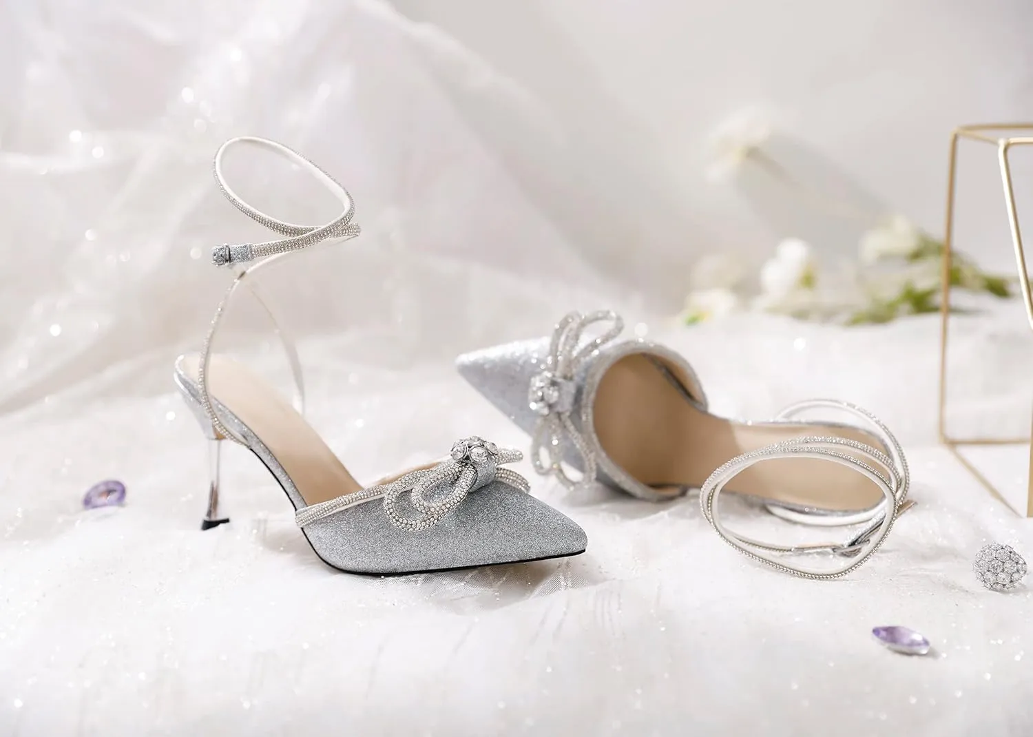 AUMOTED Women Stiletto High Heels Rhinestone Bow Heels Sparkly Wedding Closed Pointed Toe Sexy Satin Crystal Ankle Strap Pumps Bridal Dress Heeled Sandals 3.4 Inch