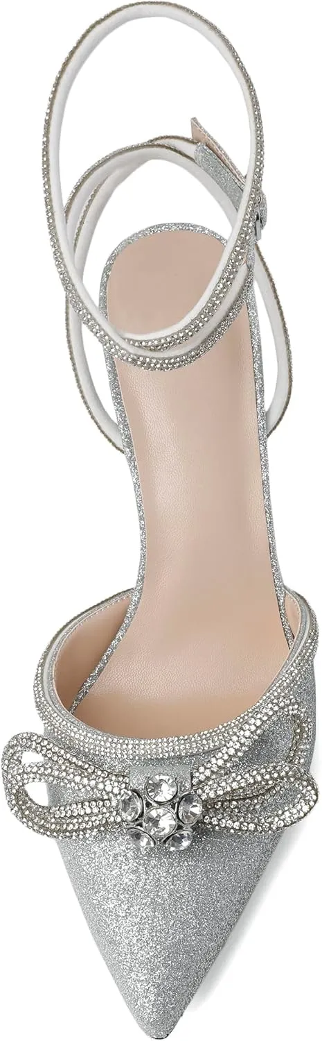 AUMOTED Women Stiletto High Heels Rhinestone Bow Heels Sparkly Wedding Closed Pointed Toe Sexy Satin Crystal Ankle Strap Pumps Bridal Dress Heeled Sandals 3.4 Inch