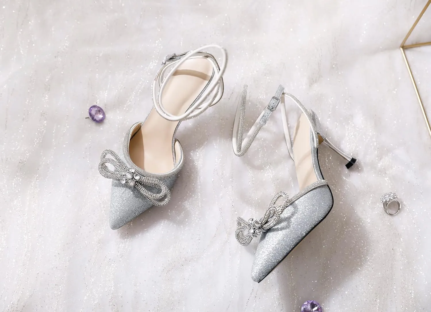 AUMOTED Women Stiletto High Heels Rhinestone Bow Heels Sparkly Wedding Closed Pointed Toe Sexy Satin Crystal Ankle Strap Pumps Bridal Dress Heeled Sandals 3.4 Inch