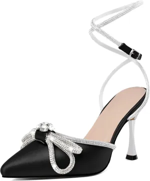 AUMOTED Women Stiletto High Heels Rhinestone Bow Heels Sparkly Wedding Closed Pointed Toe Sexy Satin Crystal Ankle Strap Pumps Bridal Dress Heeled Sandals 3.4 Inch