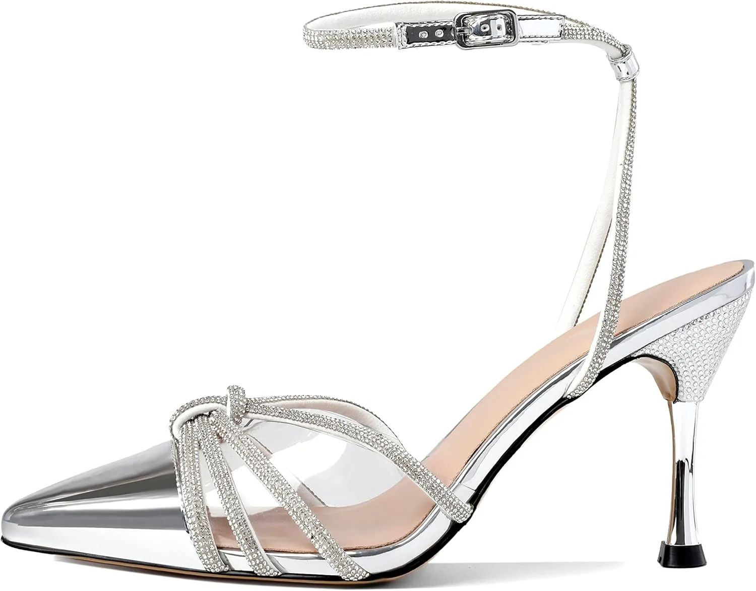 AUMOTED Women's Stiletto High Heel Pumps Ladies Clear Heels Patent Pointed Toe Pumps Crystal Rhinestones Ankle Strap Wedding Bridal Dress Heeled Sandals 3.4 Inch