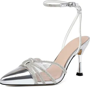 AUMOTED Women's Stiletto High Heel Pumps Ladies Clear Heels Patent Pointed Toe Pumps Crystal Rhinestones Ankle Strap Wedding Bridal Dress Heeled Sandals 3.4 Inch