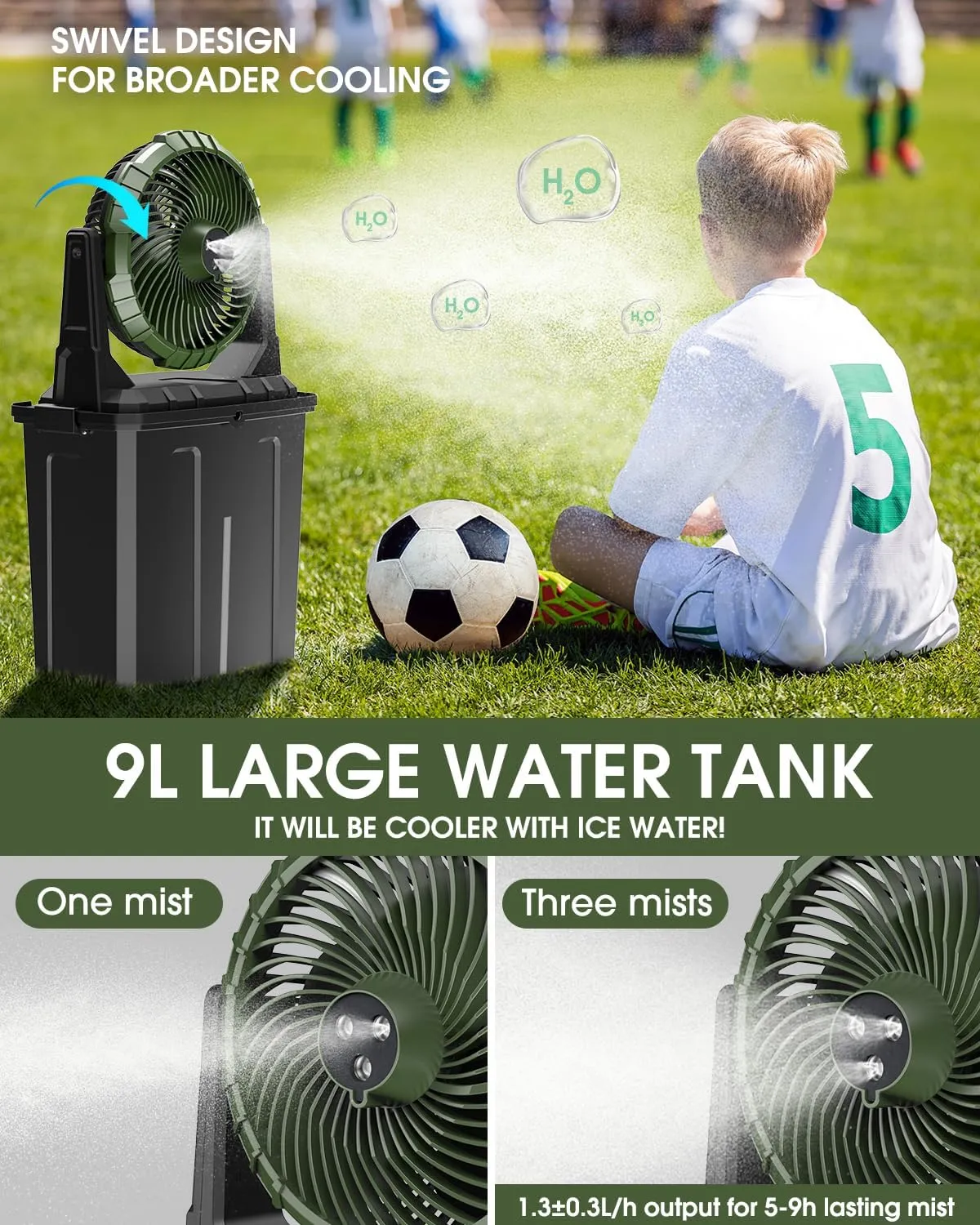 Ausic Portable Misting Fan - 9L Bucket, 10-inch Outdoor Fans for Patios/Camping/Beach/Golf etc., 20000mAh USB Rechargeable Battery Powered Floor Water Cooling Fan, 3 Strong Winds, 3 Spray Mister