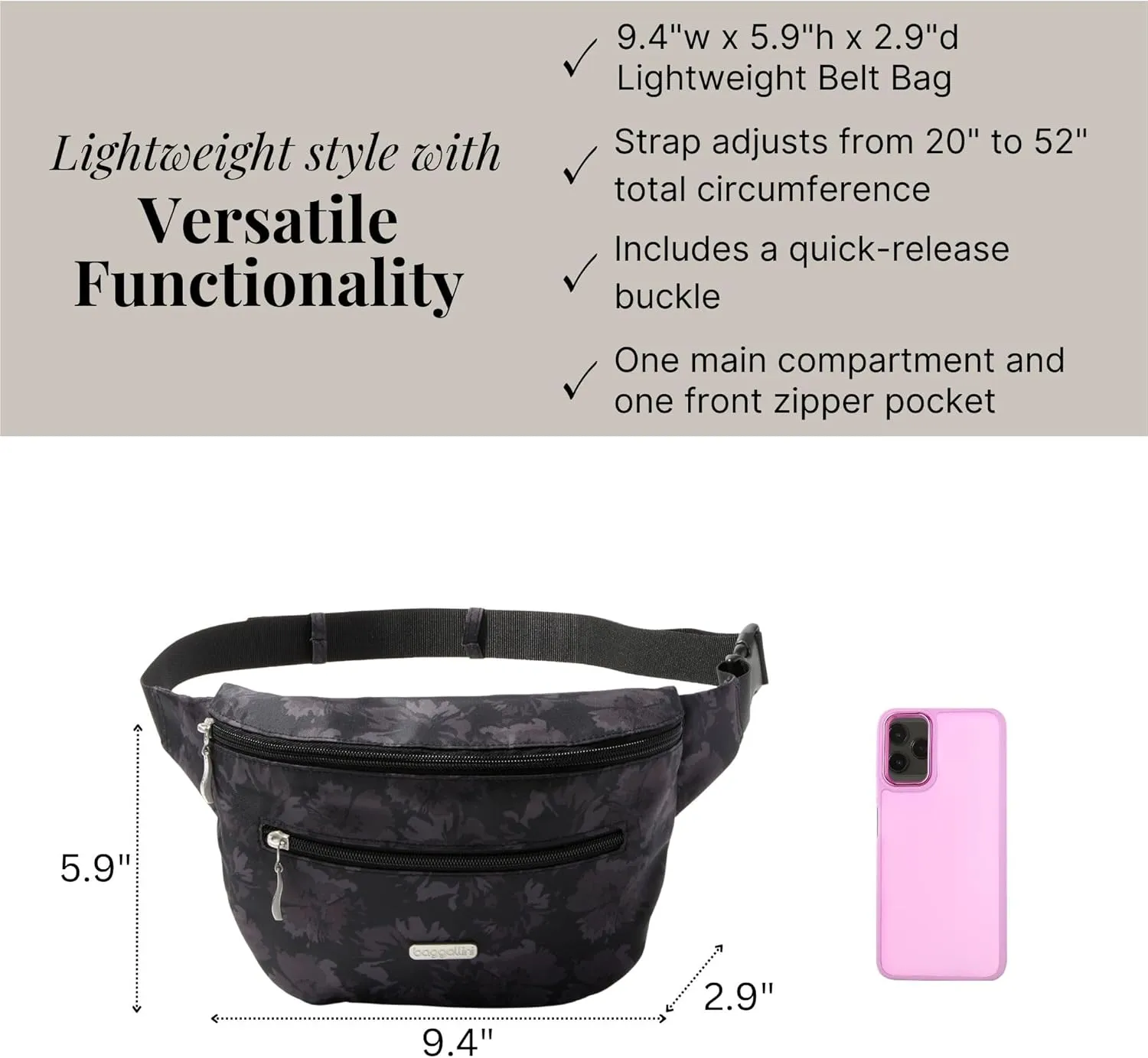 Baggallini Essential Belt Bag-9x6 Crossbody Fanny Waist Pack W/RFID & Adjustable Strap