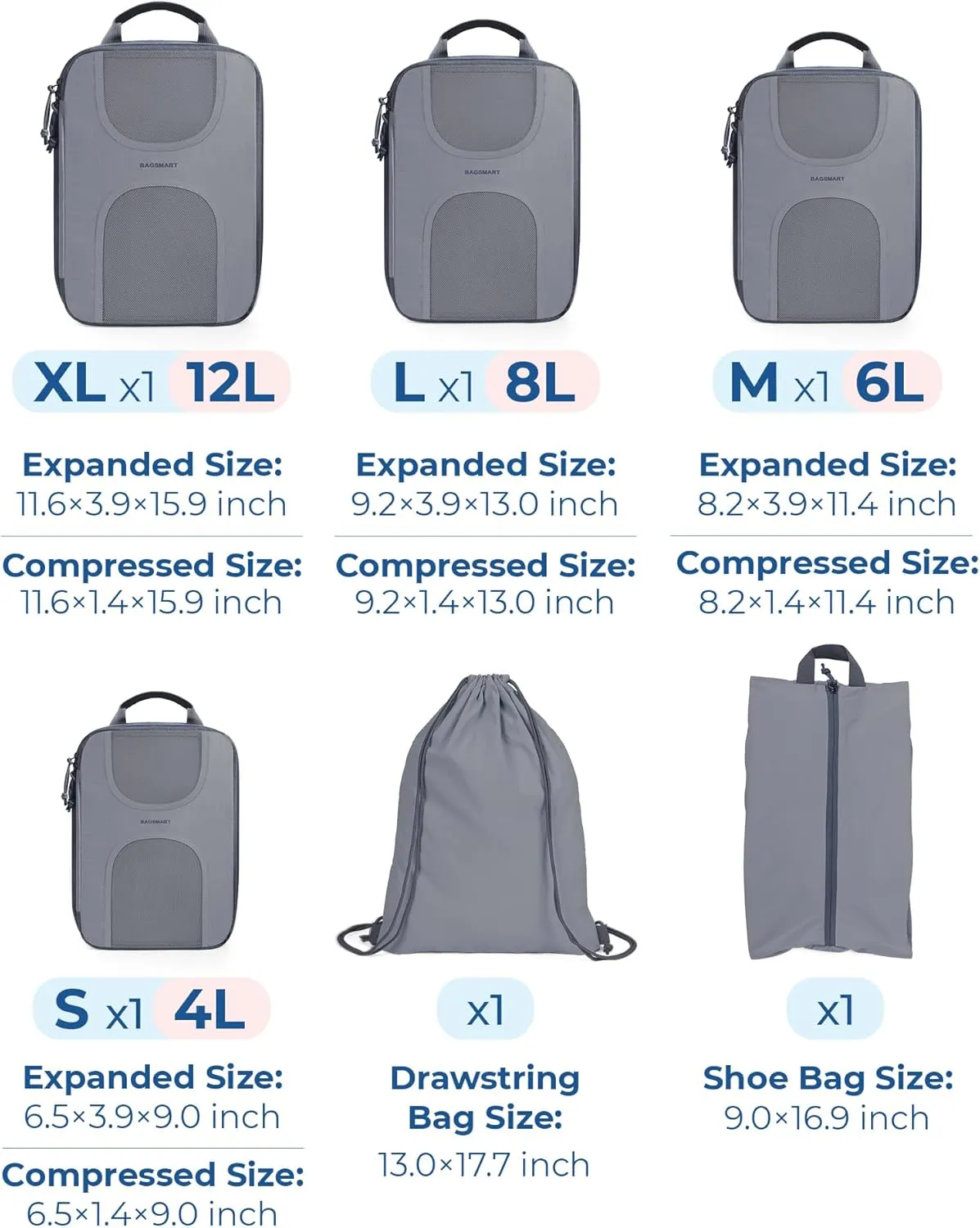BAGSMART 6 Set Packing Cubes for Suitcases, Lightweight Suitcase Organizers & Compression Travel Cubes