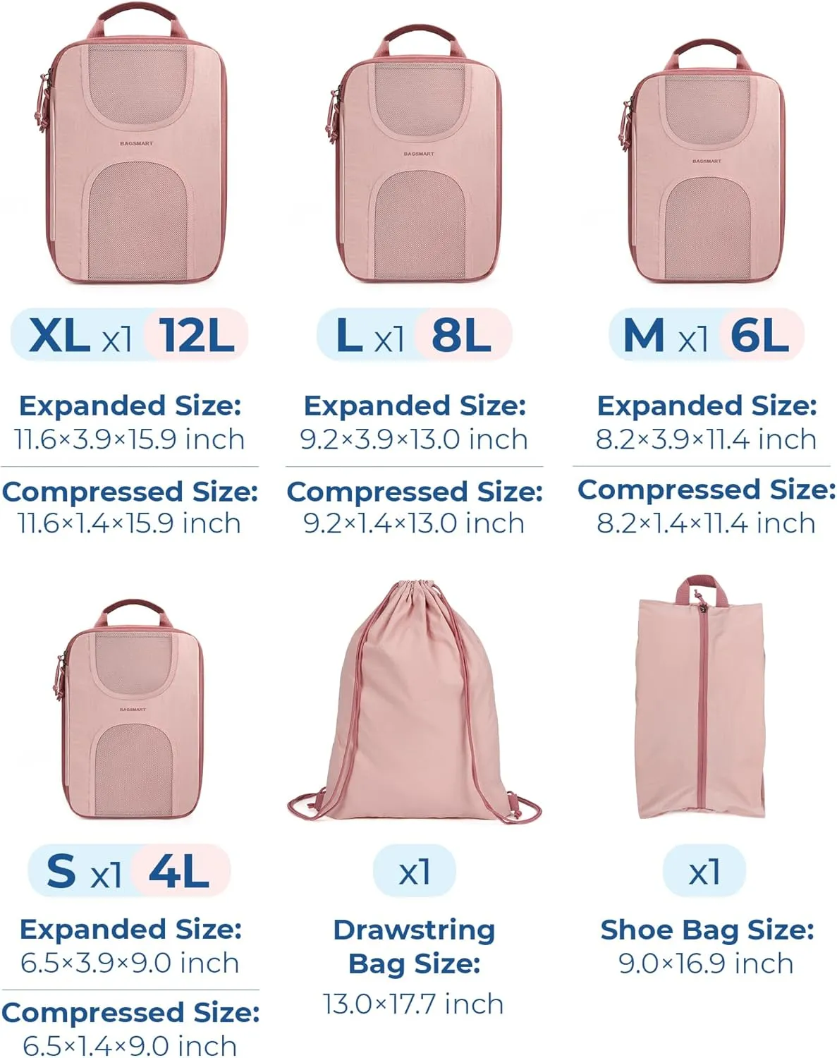 BAGSMART 6 Set Packing Cubes for Suitcases, Lightweight Suitcase Organizers & Compression Travel Cubes