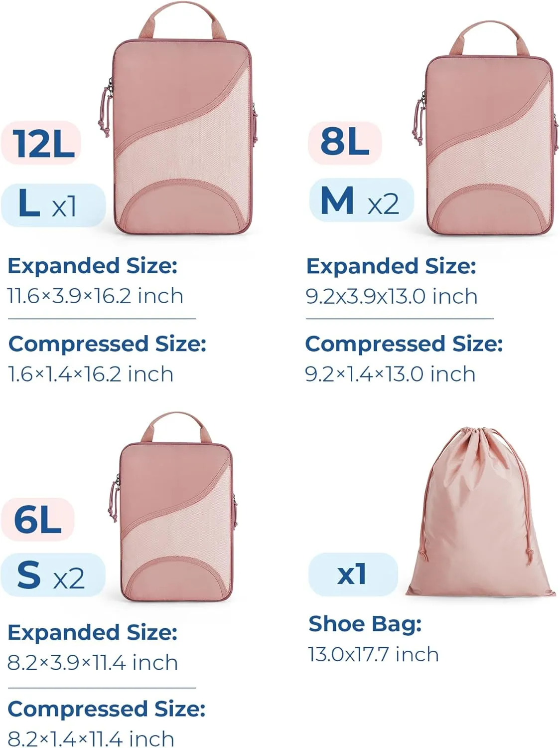 BAGSMART Compression Packing Cubes - 6 Set Travel Packing Cubes for Suitcases, Compression Suitcase Organizers with Shoe Bag