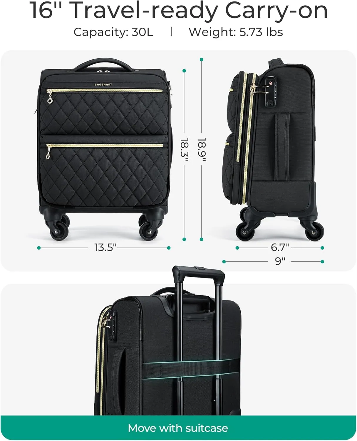 BAGSMART Underseater Carry On Luggage Airline Approved with Spinner Wheels, 16 Inch Luggage with TSA Lock, Overnight Rolling Softside Suitcases for Women, Black