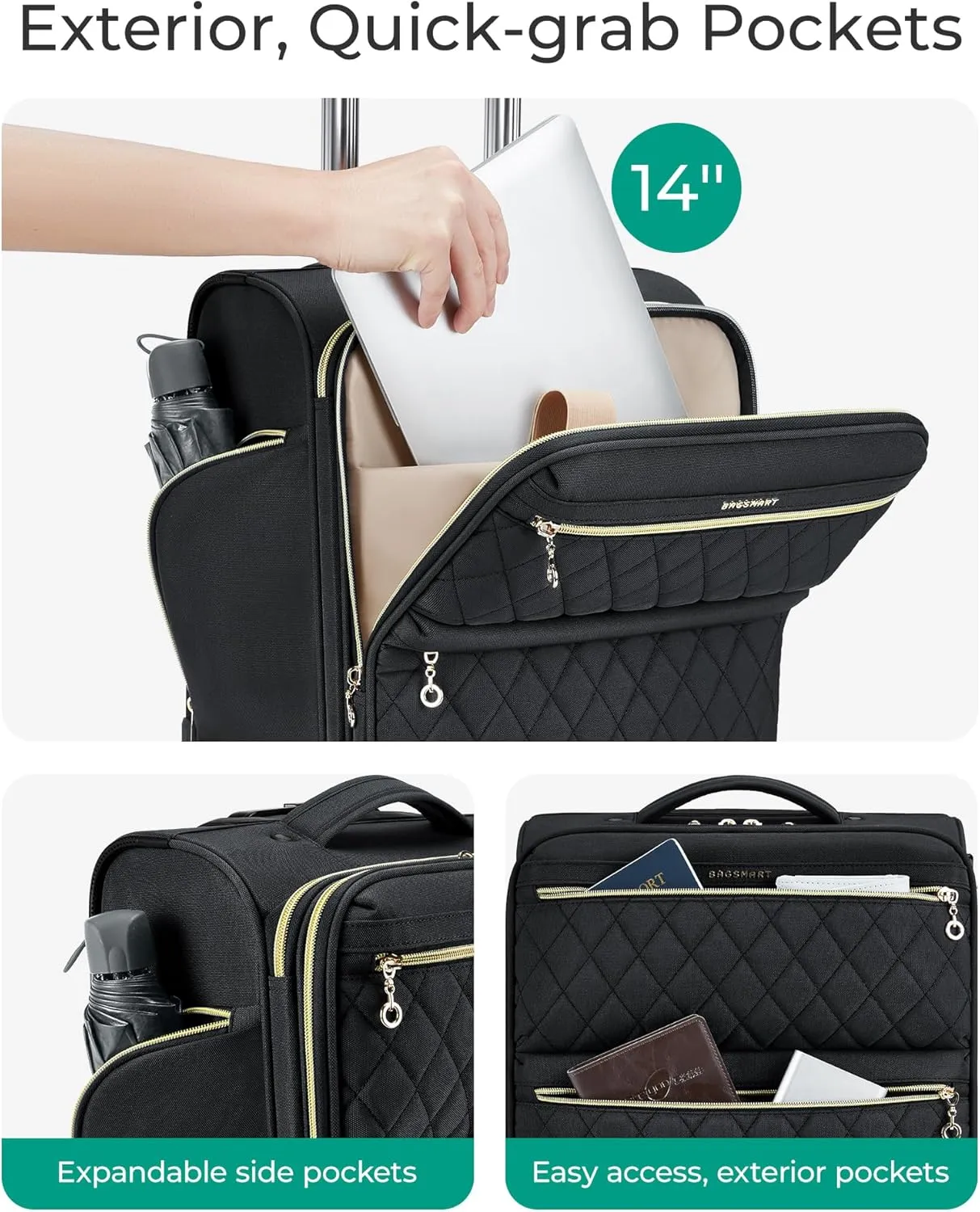 BAGSMART Underseater Carry On Luggage Airline Approved with Spinner Wheels, 16 Inch Luggage with TSA Lock, Overnight Rolling Softside Suitcases for Women, Black