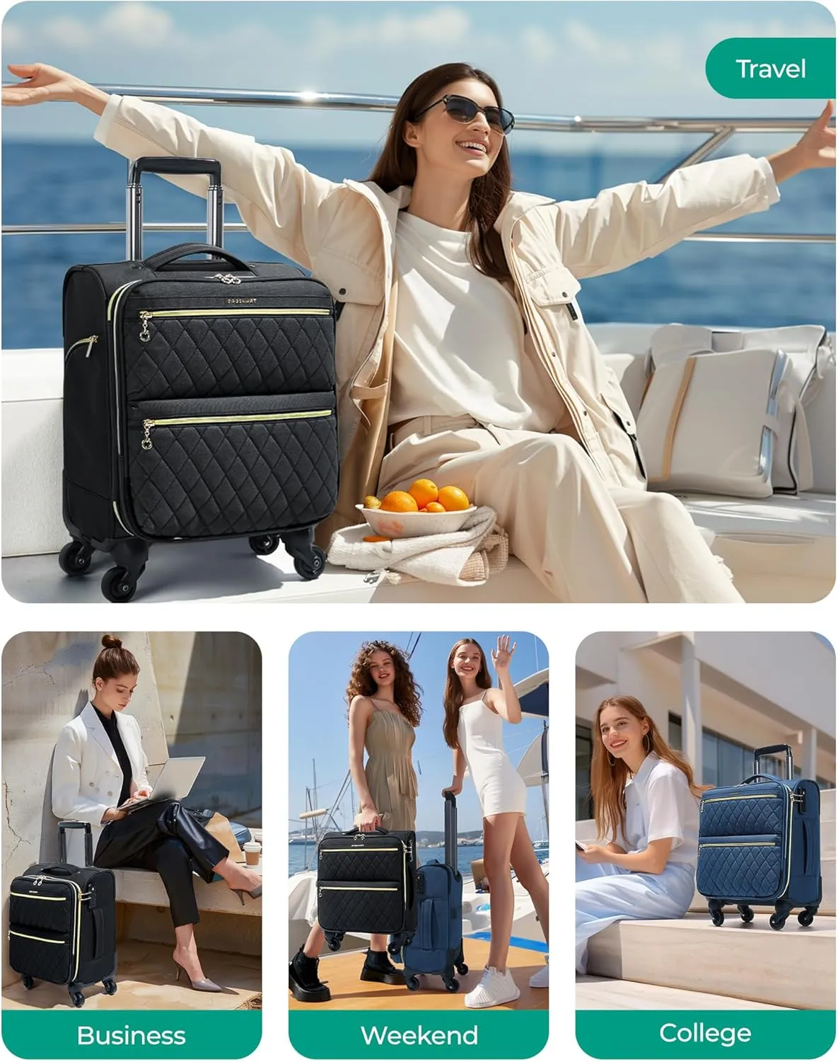 BAGSMART Underseater Carry On Luggage Airline Approved with Spinner Wheels, 16 Inch Luggage with TSA Lock, Overnight Rolling Softside Suitcases for Women, Black