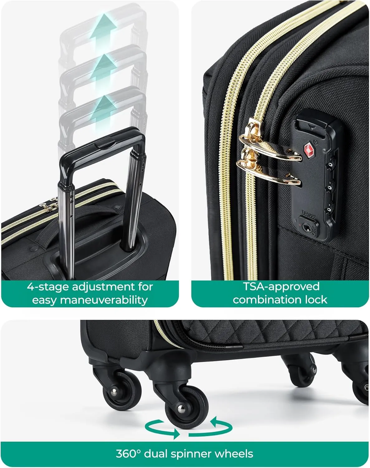 BAGSMART Underseater Carry On Luggage Airline Approved with Spinner Wheels, 16 Inch Luggage with TSA Lock, Overnight Rolling Softside Suitcases for Women, Black