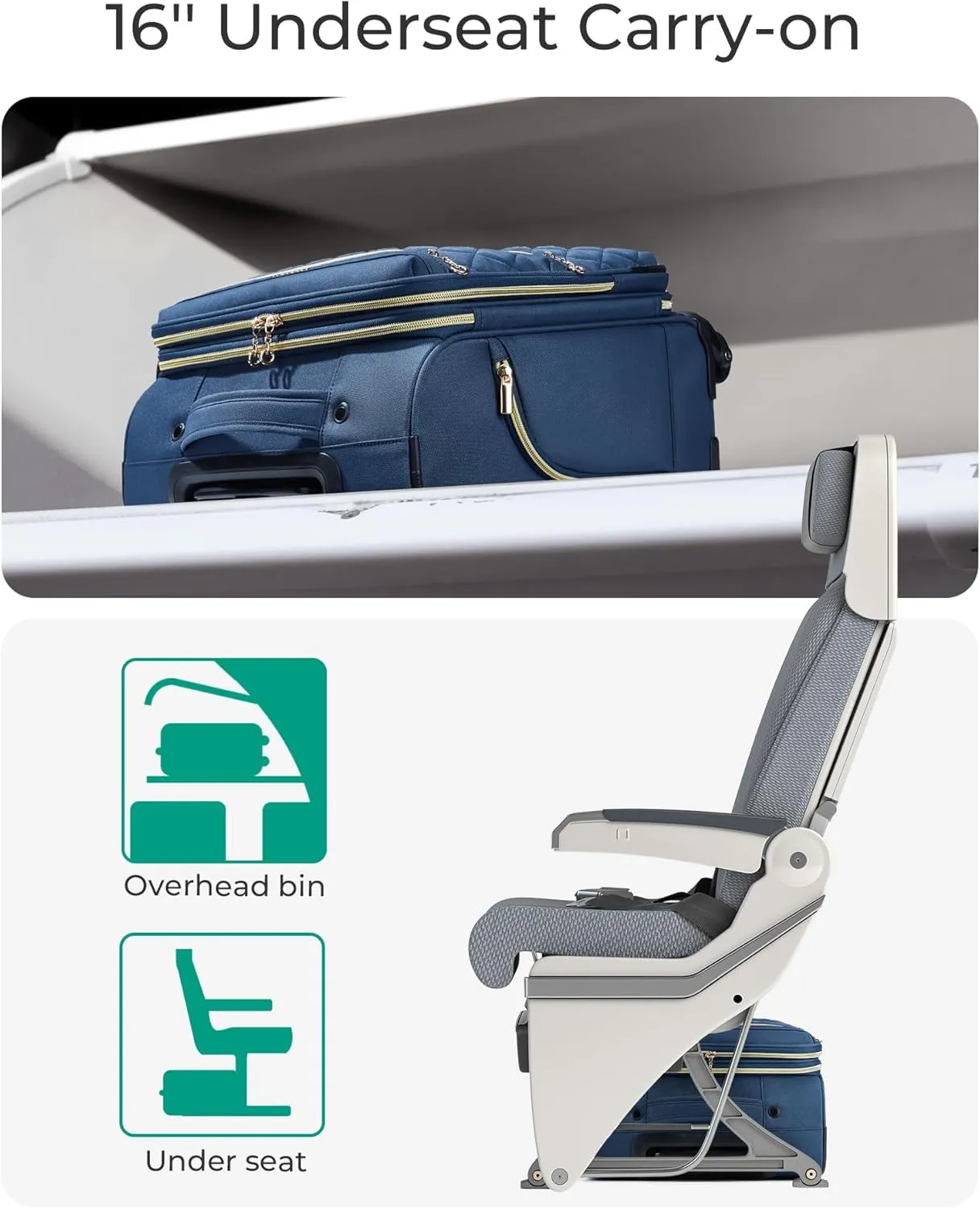 BAGSMART Underseater Carry On Luggage Airline Approved with Spinner Wheels, 16 Inch Luggage with TSA Lock, Overnight Rolling Softside Suitcases for Women, Navy Blue