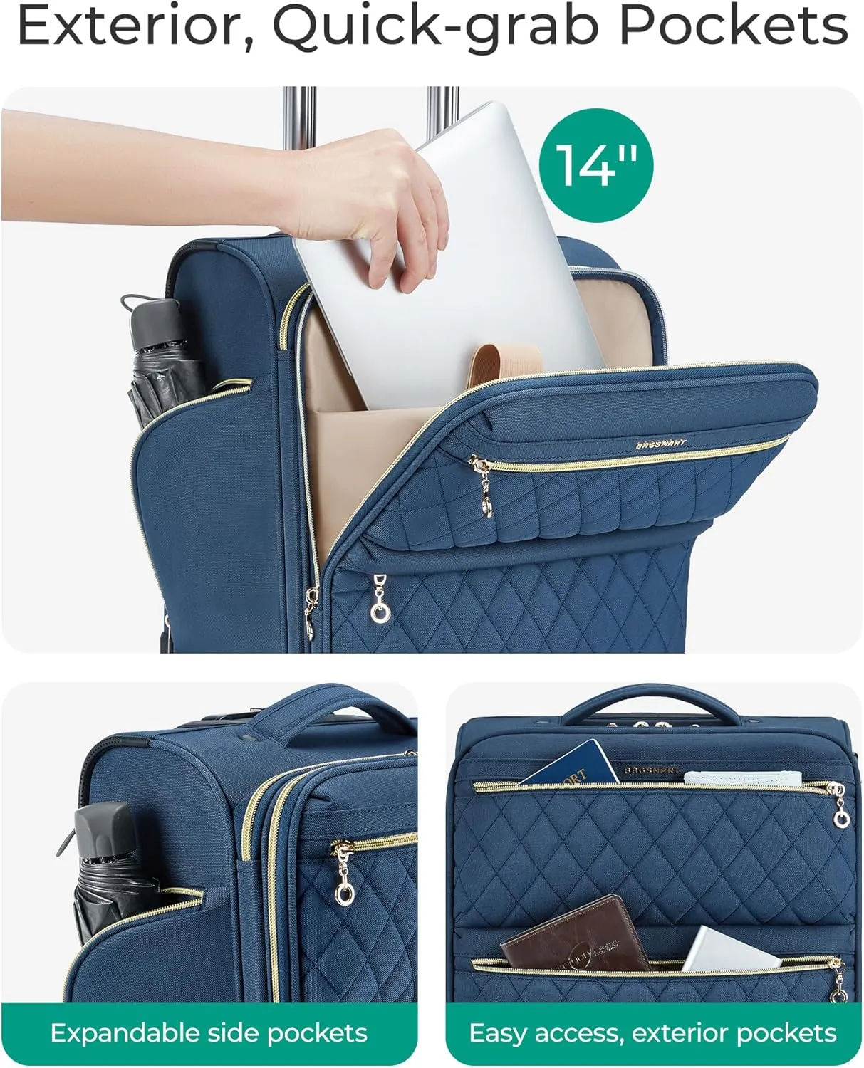 BAGSMART Underseater Carry On Luggage Airline Approved with Spinner Wheels, 16 Inch Luggage with TSA Lock, Overnight Rolling Softside Suitcases for Women, Navy Blue