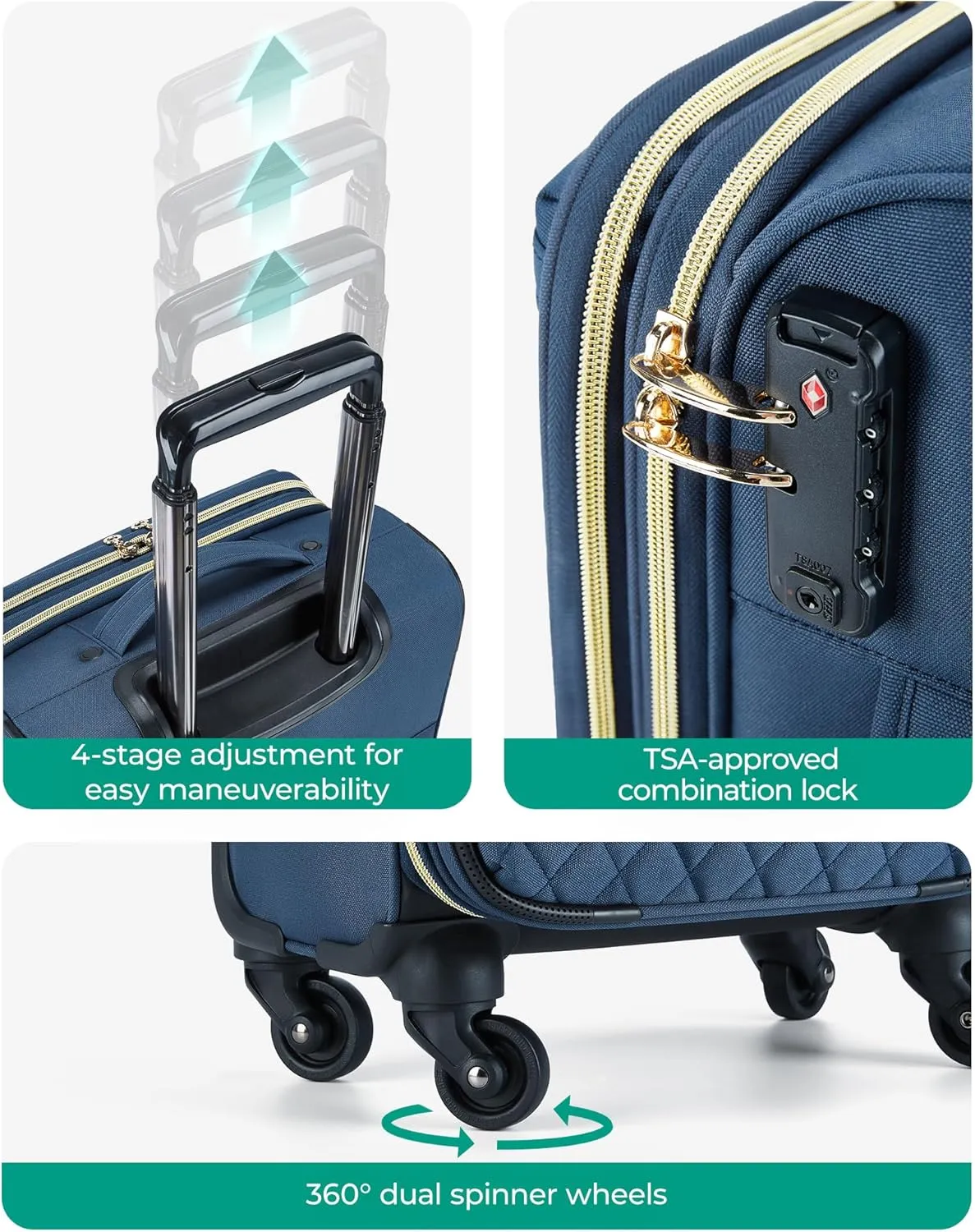 BAGSMART Underseater Carry On Luggage Airline Approved with Spinner Wheels, 16 Inch Luggage with TSA Lock, Overnight Rolling Softside Suitcases for Women, Navy Blue