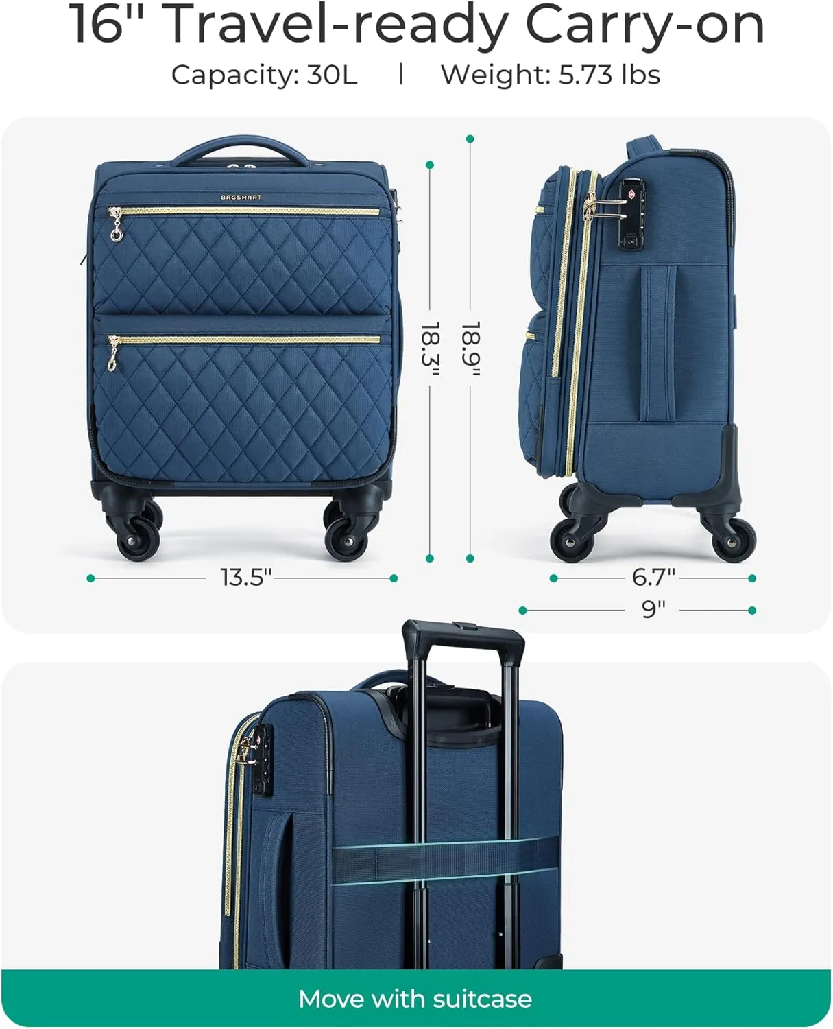 BAGSMART Underseater Carry On Luggage Airline Approved with Spinner Wheels, 16 Inch Luggage with TSA Lock, Overnight Rolling Softside Suitcases for Women, Navy Blue