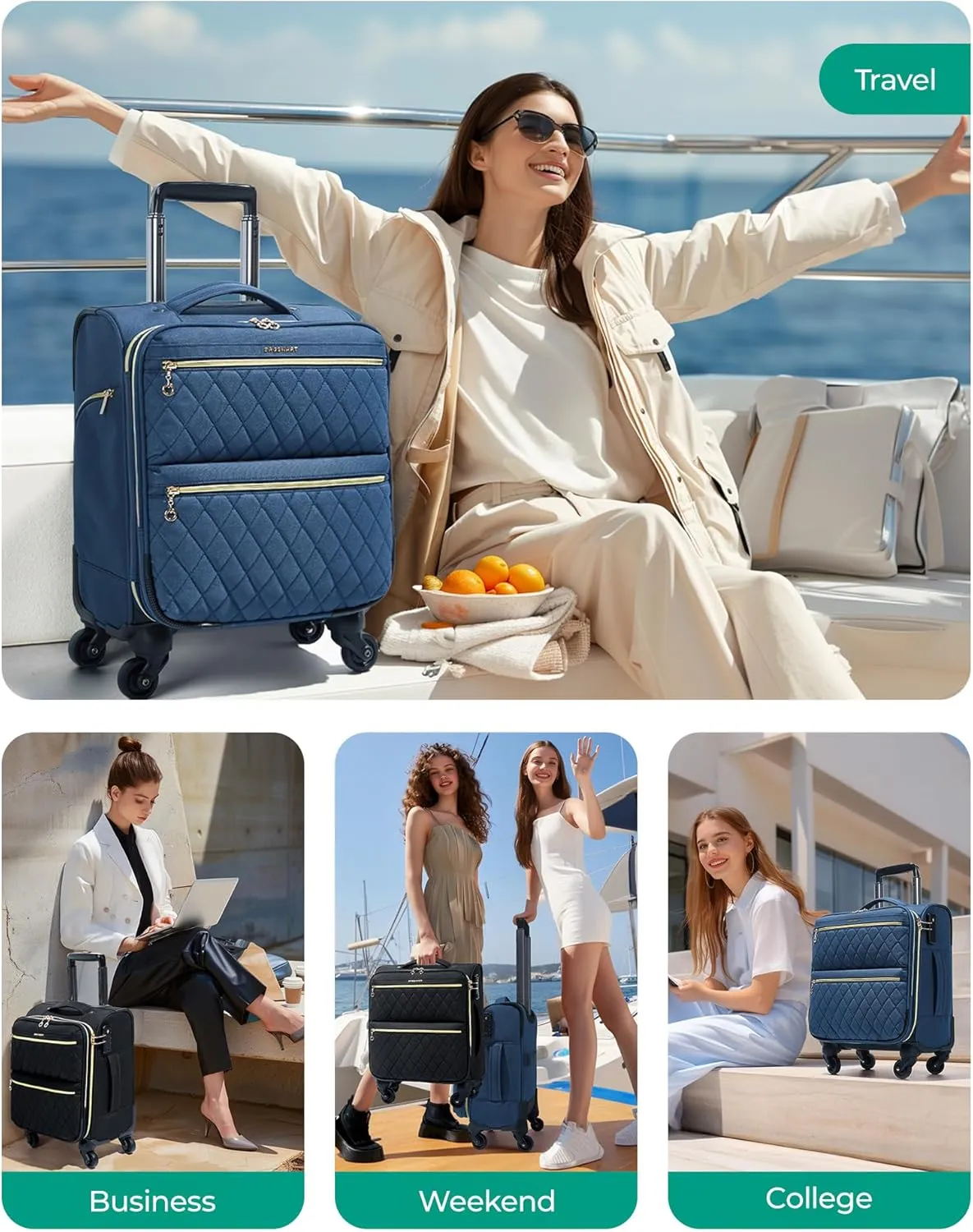 BAGSMART Underseater Carry On Luggage Airline Approved with Spinner Wheels, 16 Inch Luggage with TSA Lock, Overnight Rolling Softside Suitcases for Women, Navy Blue