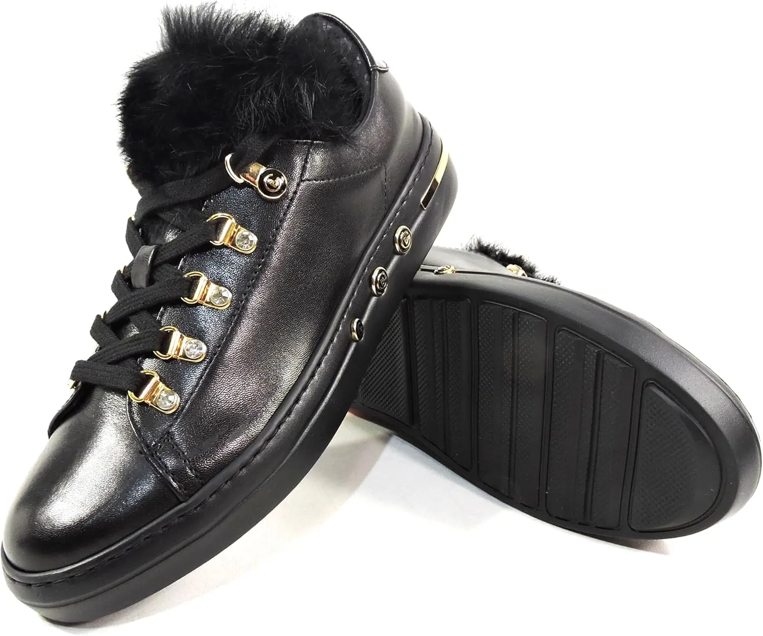 Baldinini Women's Leather Sneakers, Black with Fur Trim, Gold Hardware, Platform Sole