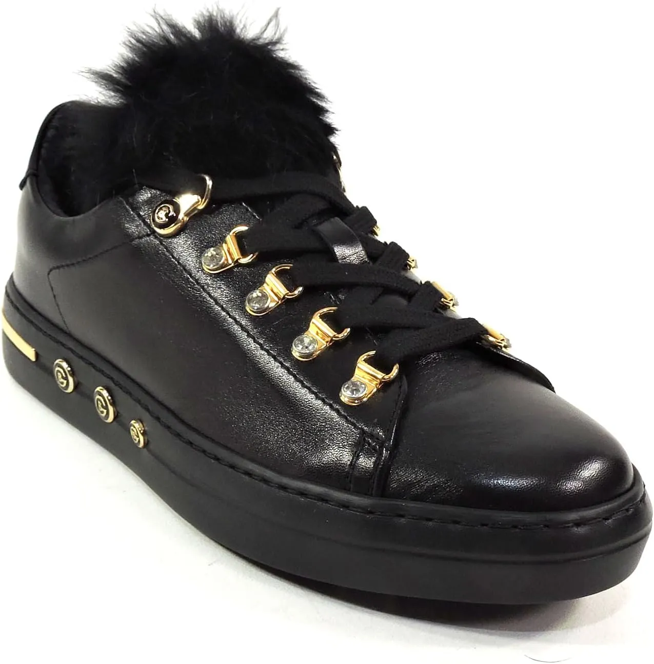 Baldinini Women's Leather Sneakers, Black with Fur Trim, Gold Hardware, Platform Sole