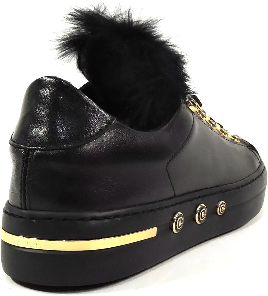 Baldinini Women's Leather Sneakers, Black with Fur Trim, Gold Hardware, Platform Sole