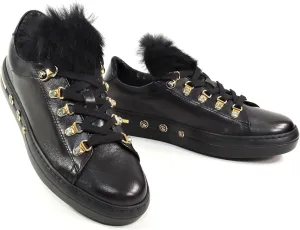 Baldinini Women's Leather Sneakers, Black with Fur Trim, Gold Hardware, Platform Sole