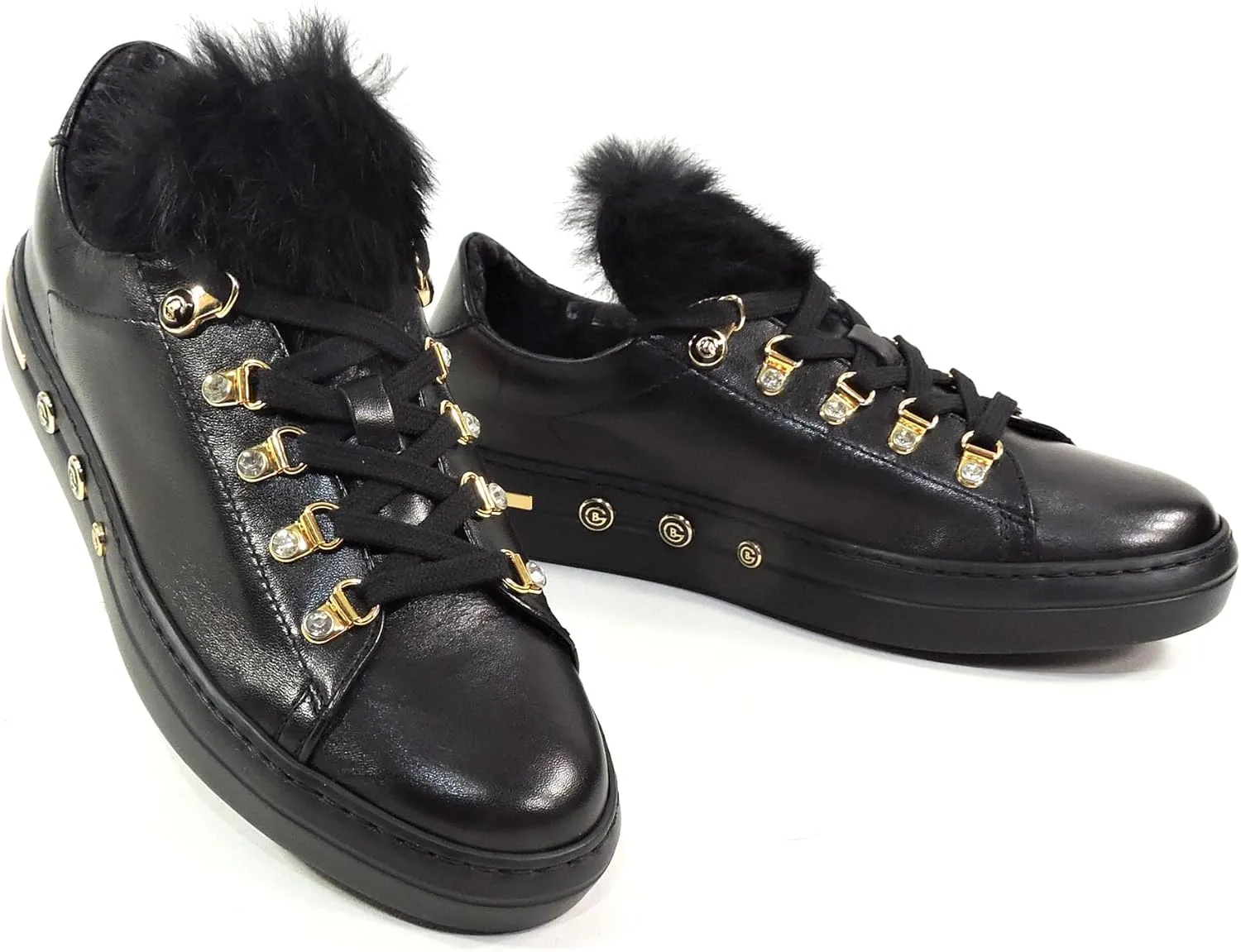 Baldinini Women's Leather Sneakers, Black with Fur Trim, Gold Hardware, Platform Sole
