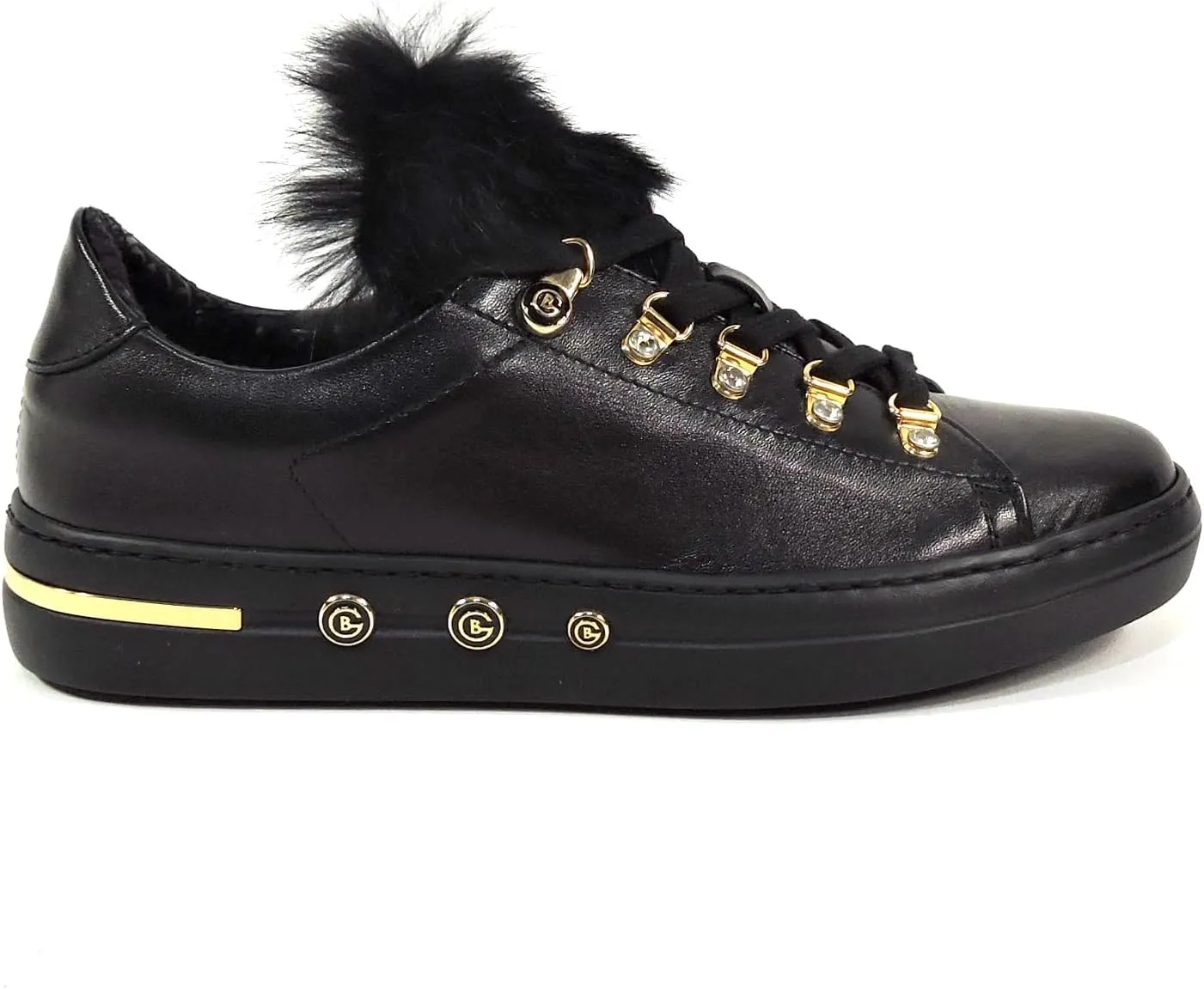 Baldinini Women's Leather Sneakers, Black with Fur Trim, Gold Hardware, Platform Sole