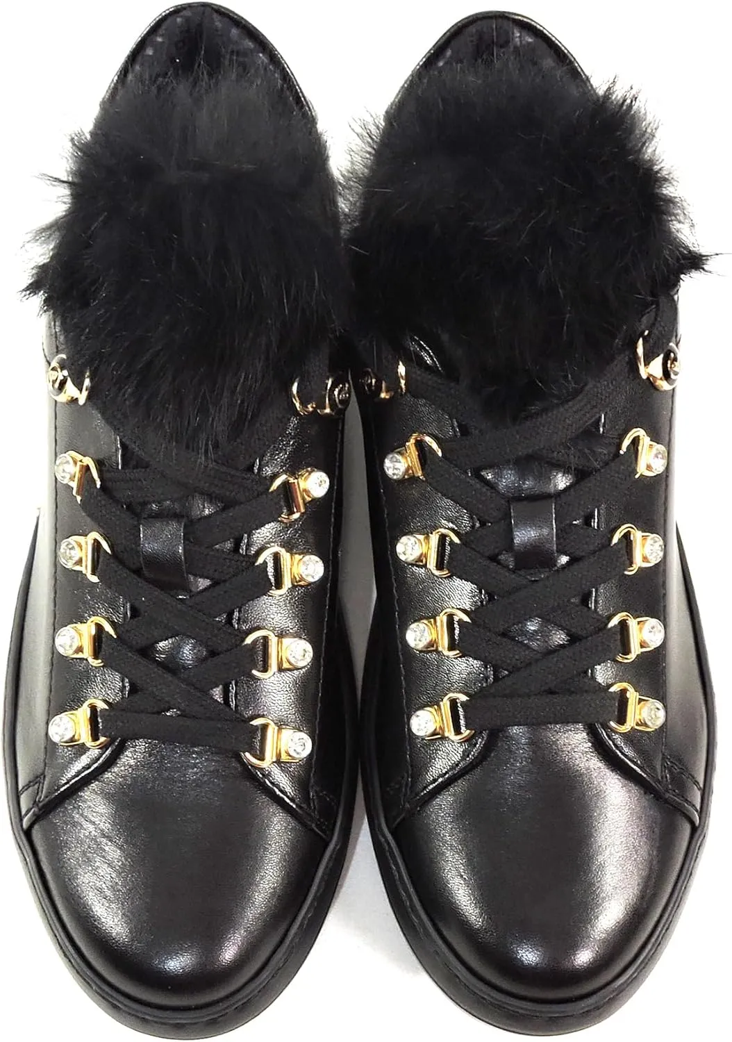 Baldinini Women's Leather Sneakers, Black with Fur Trim, Gold Hardware, Platform Sole