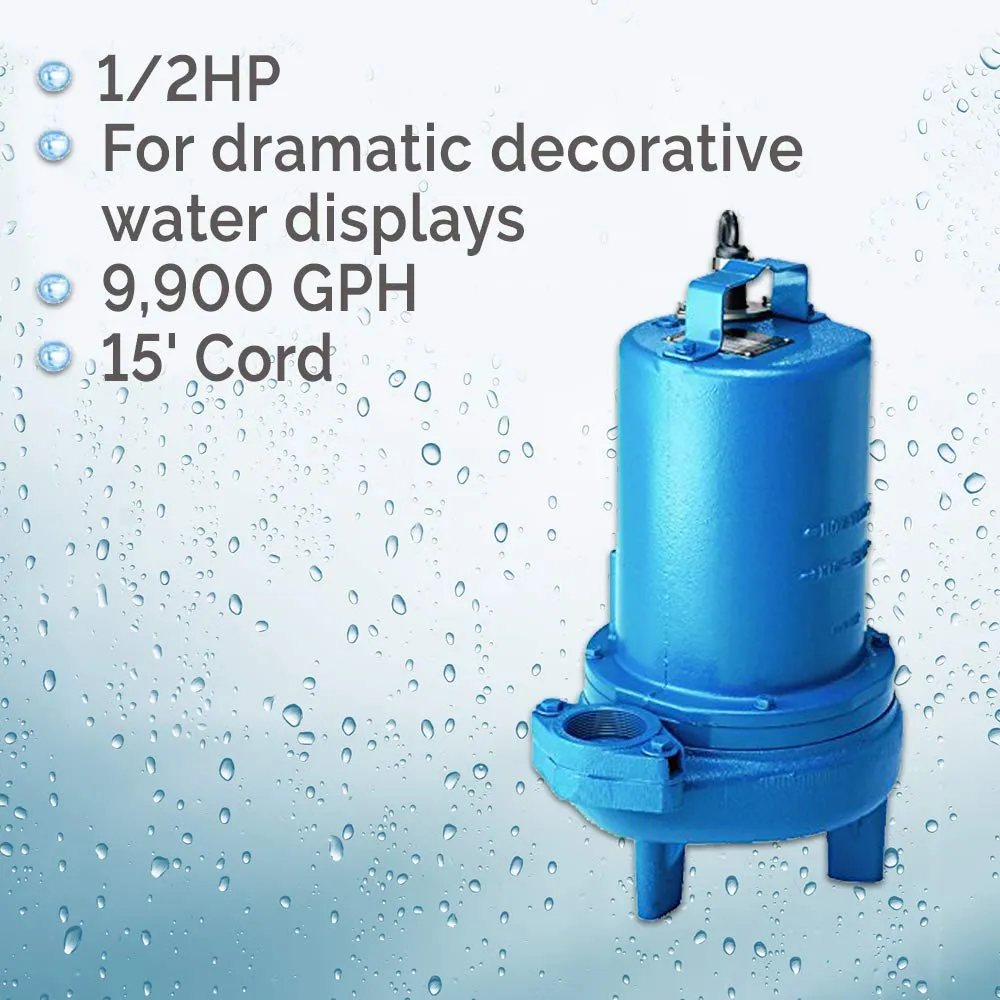 Barnes SF51 Submersible Cast Iron Fountain Pump – 1/2-HP, 9,900 GPH, 15' Cord, For Dramatic Decorative Water Displays