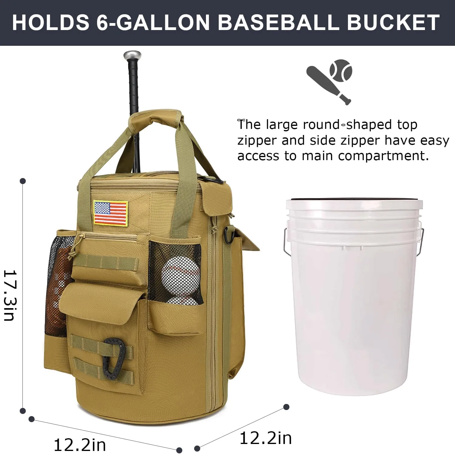 Baseball Bucket Bag 6 Gallon Tactical Baseball Coaches Bag Softball Bucket Cover Organizer with Padded Seat for Balls, Bat, Gloves, Scoreboards