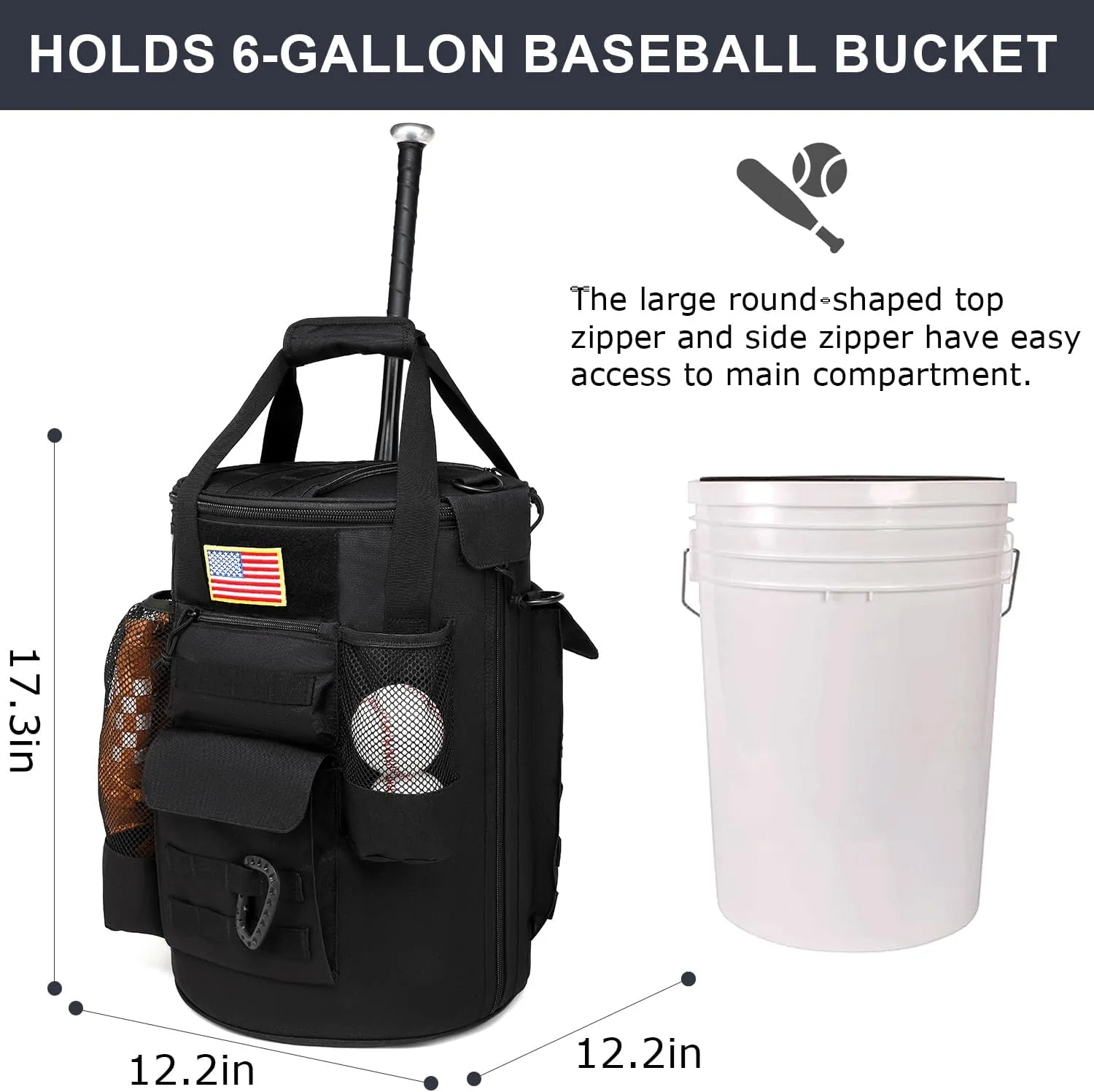 Baseball Bucket Bag 6 Gallon Tactical Baseball Coaches Bag Softball Bucket Cover Organizer with Padded Seat for Balls, Bat, Gloves, Scoreboards