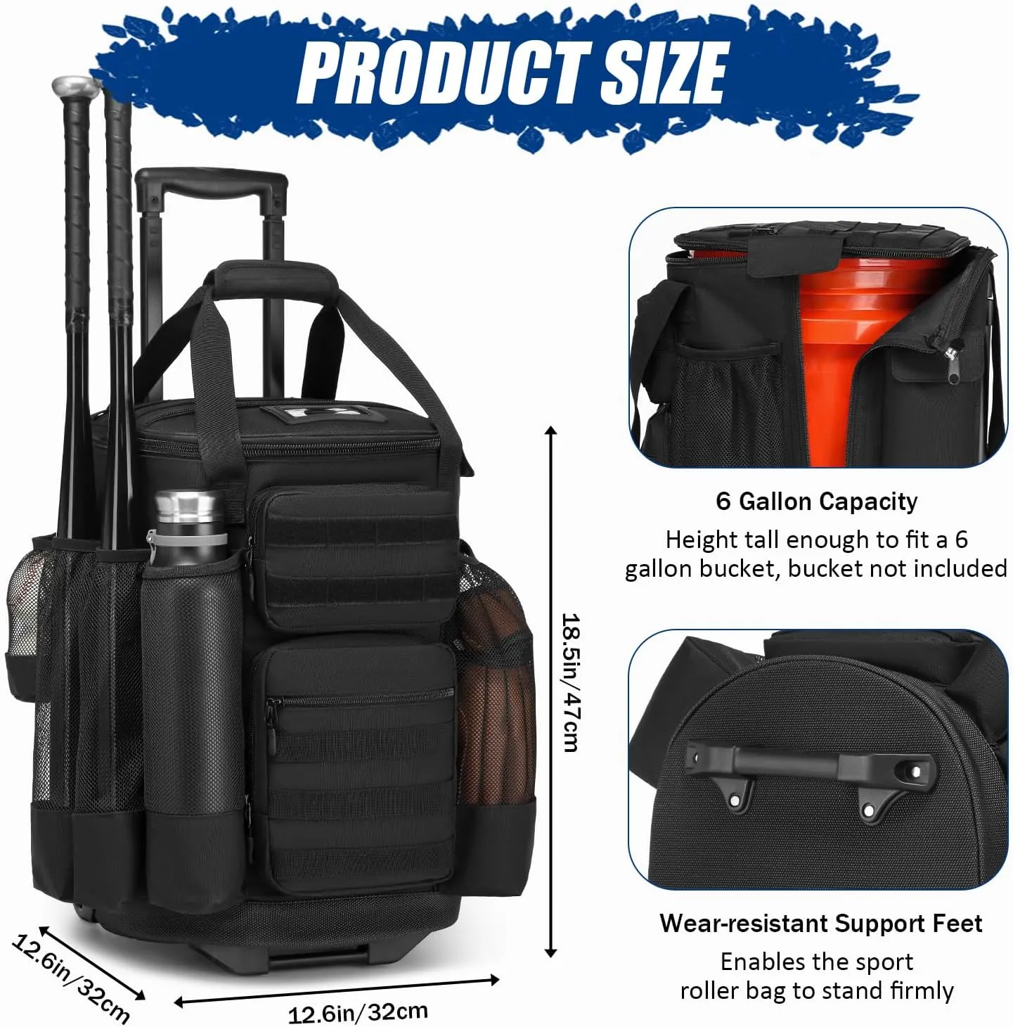 Baseball Bucket Bag with Wheels Baseball Coaching Accessories Organizer Tactical Style Softball Bucket Bag with Multiple Pockets for Bat, Gloves and Other Accessorie