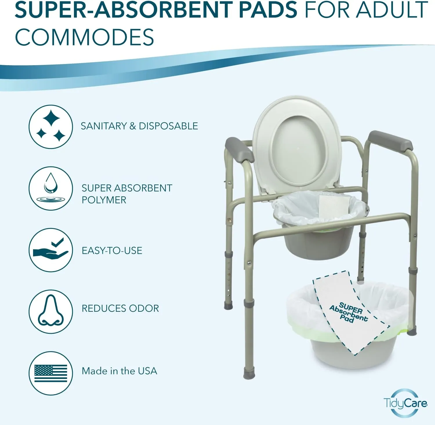 Bedside Commode Absorbent Pads for Portable Toilet Chair Bucket and Bedpan | Value Pack of 40 Disposable Commode Pads for Adults in Medical Care | Universal Fit