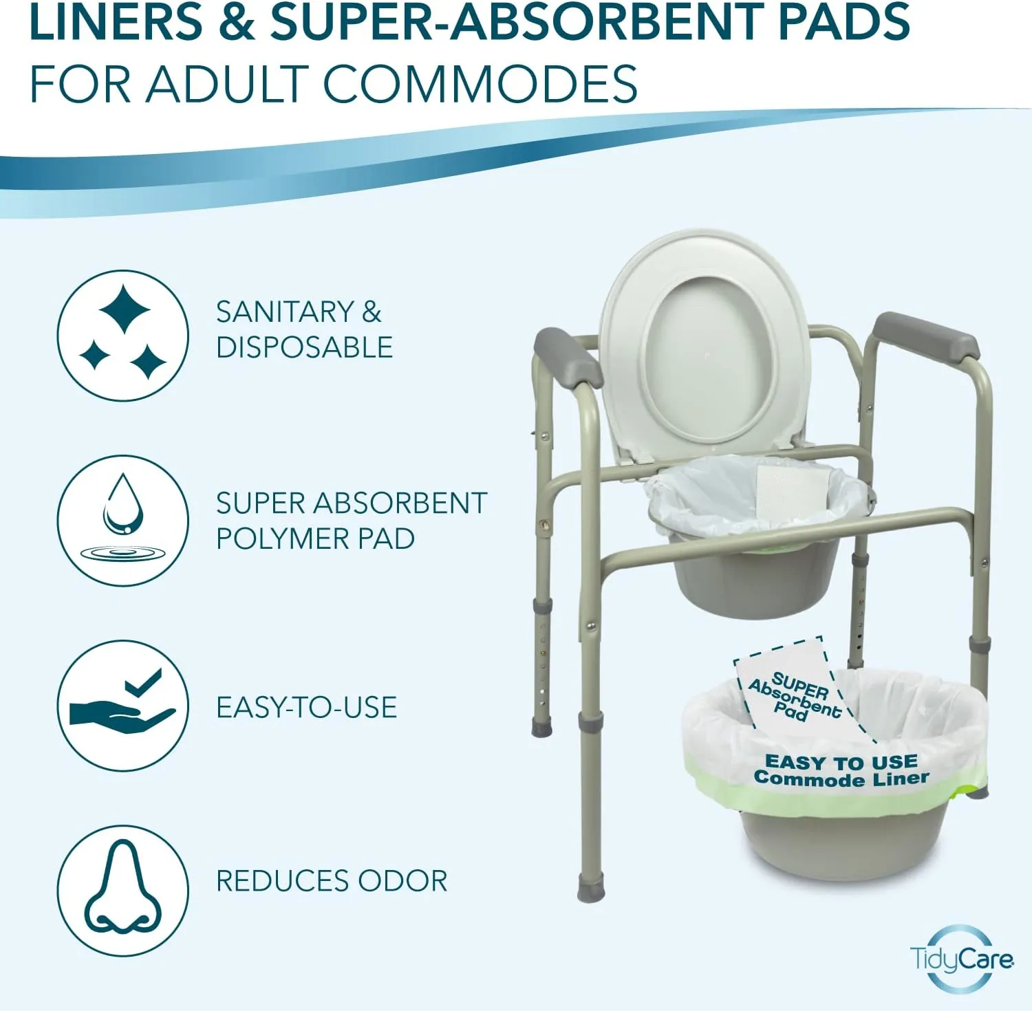 Bedside Commode Liners and Absorbent Pads for Portable Toilet Chair Bucket and Bedpan | XL Combo Pack of 48 Disposable Waste Bags and 48 Pads | Universal Fit