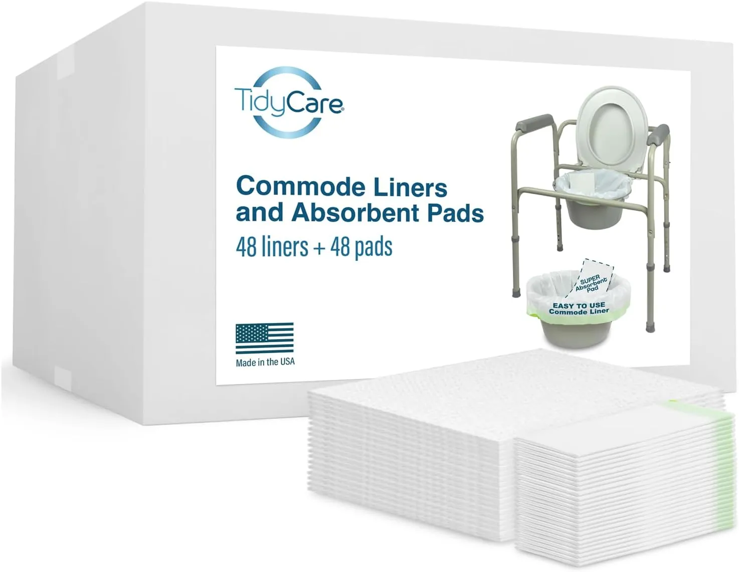Bedside Commode Liners and Absorbent Pads for Portable Toilet Chair Bucket and Bedpan | XL Combo Pack of 48 Disposable Waste Bags and 48 Pads | Universal Fit