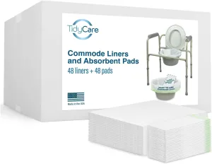 Bedside Commode Liners and Absorbent Pads for Portable Toilet Chair Bucket and Bedpan | XL Combo Pack of 48 Disposable Waste Bags and 48 Pads | Universal Fit