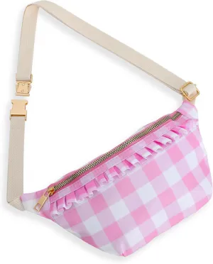 Belt Bag for Women Gingham Ruffle Crossbody Fanny Pack with Adjustable Strap,Cute Mini Everywhere Fashion Waist Pack Bag Bum bag for Traveling Hiking Cycling Running Casual (Pink) ﻿