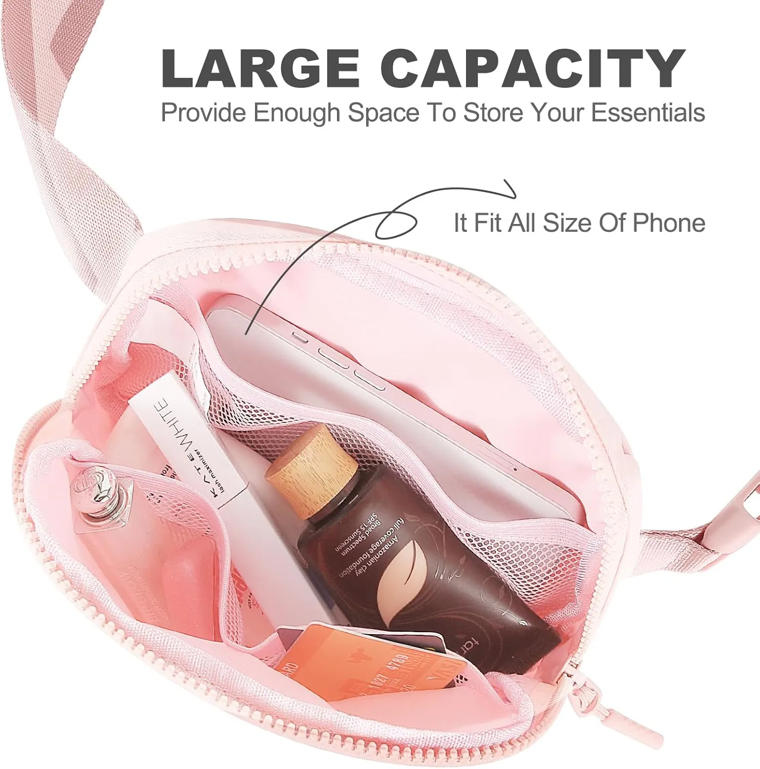 Belt Bag with Extender Strap 65'', Plus Size Fanny Pack Crossbody Bags for Women Men, Mini Everywhere Belt Bag, Fashion Small Waist Pouch (Pink   strap)