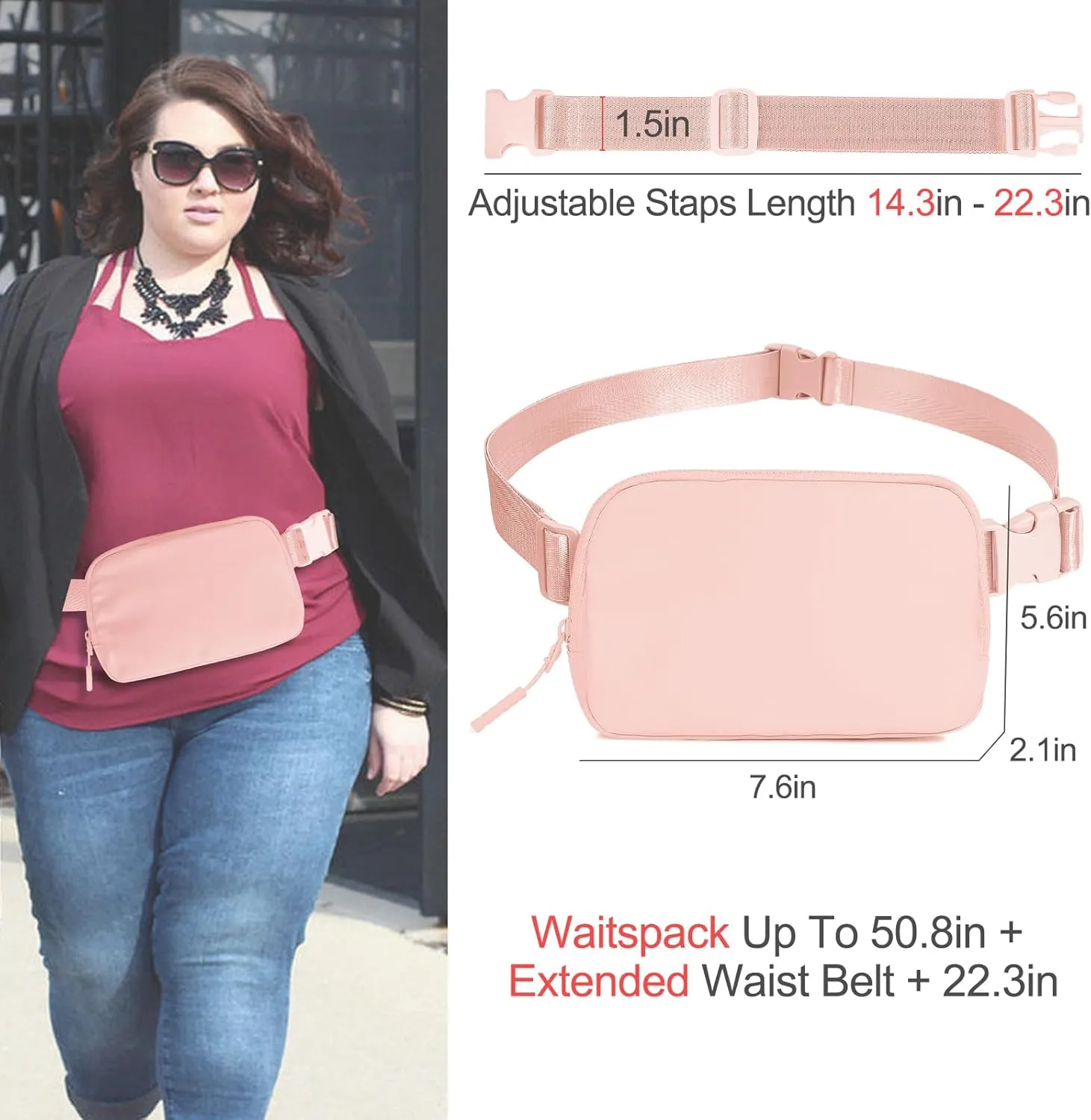 Belt Bag with Extender Strap 65'', Plus Size Fanny Pack Crossbody Bags for Women Men, Mini Everywhere Belt Bag, Fashion Small Waist Pouch (Pink   strap)