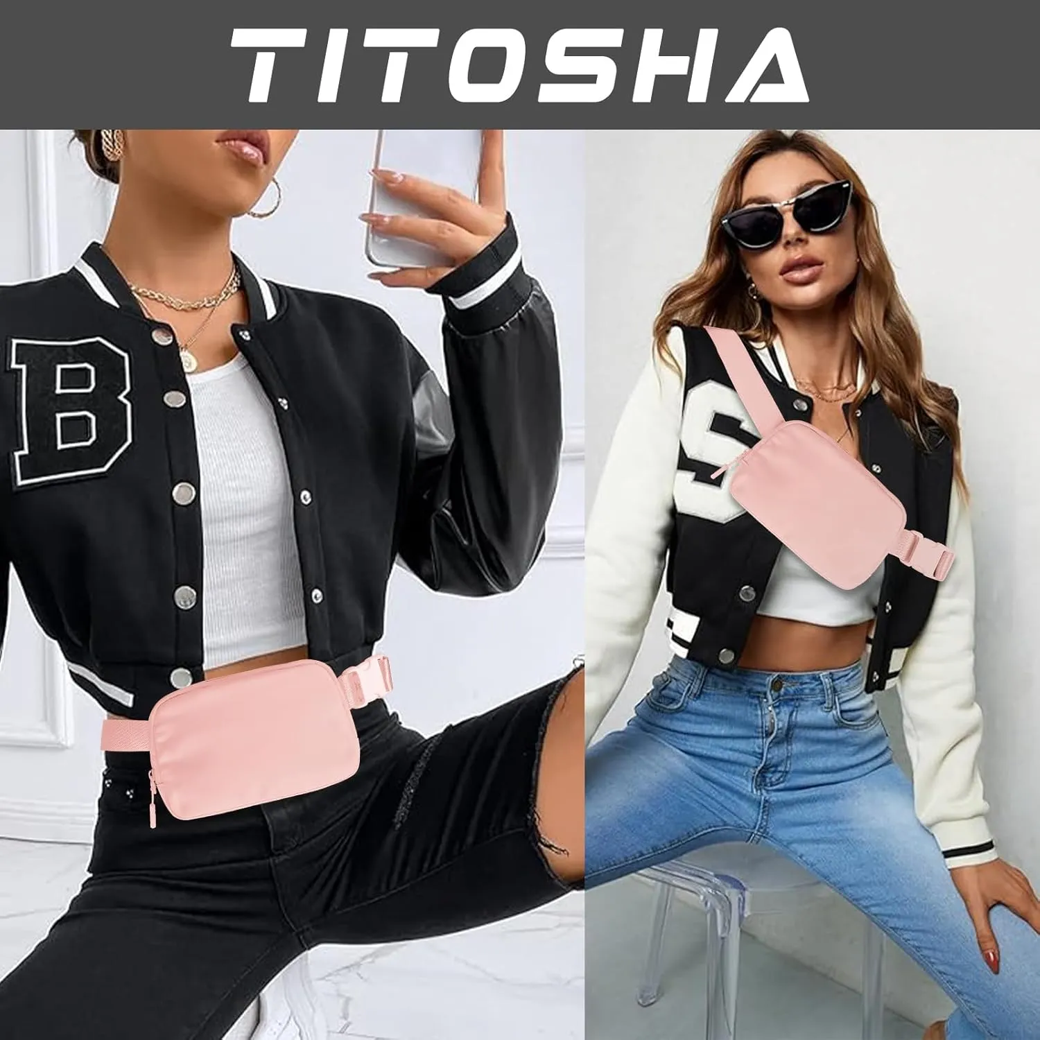 Belt Bag with Extender Strap 65'', Plus Size Fanny Pack Crossbody Bags for Women Men, Mini Everywhere Belt Bag, Fashion Small Waist Pouch (Pink   strap)