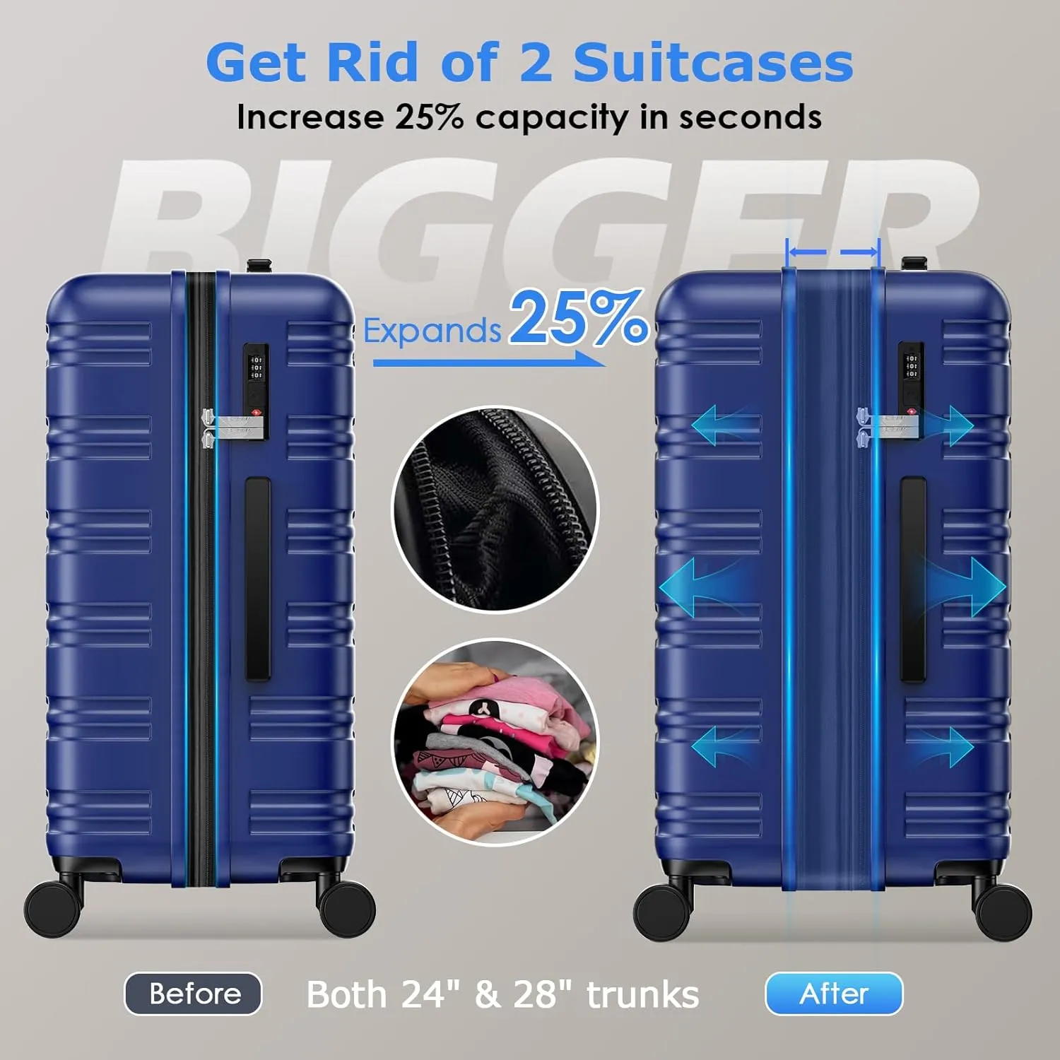 BEOW Luggage Sets 3 Piece For Men Women Expandable Hard Sided Suitcase Sets 3 Pcs With Durable Spinner Wheels Lightweight Zipper Luggage With TSA Lock Travel Luggage Set 20/24/28 Inch, Deep Blue