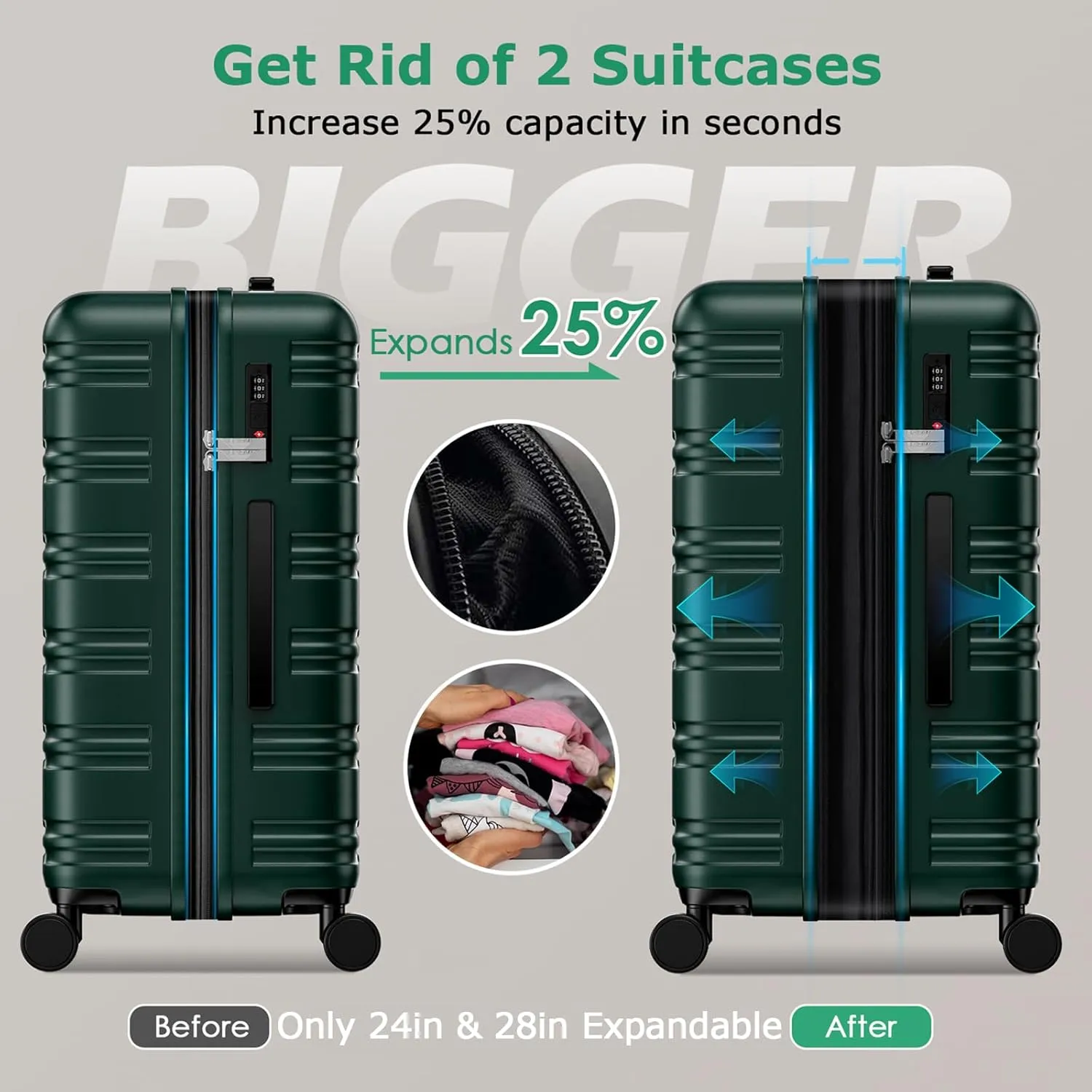 BEOW Luggage Sets 3 Piece For Men Women Expandable Hard Sided Suitcase Sets 3 Pcs With Durable Spinner Wheels Lightweight Zipper Luggage With TSA Lock Travel Luggage Set ArmyGreen 20/24/28 Inch